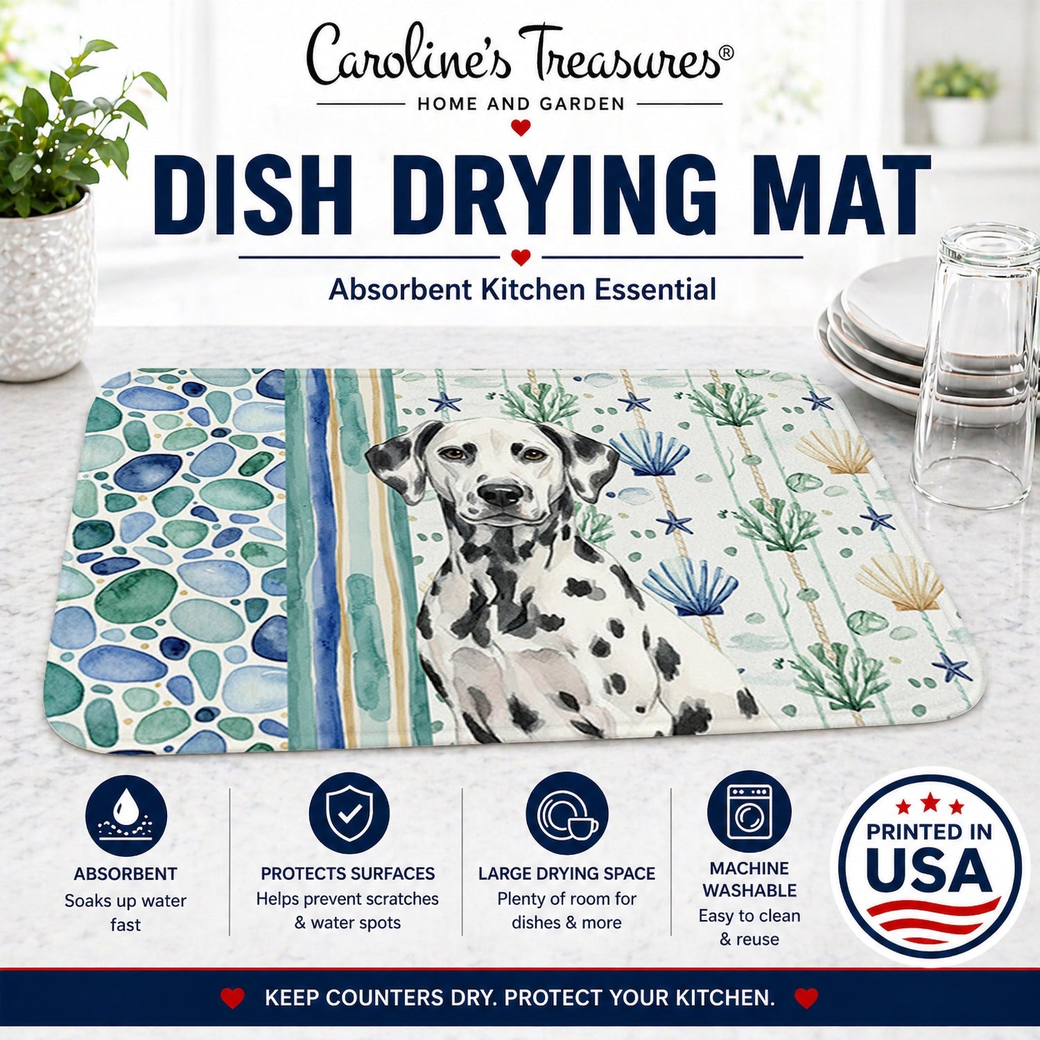 Dalmatian Coastal Sea Glass Dish Drying Mat Absorbent Dish Drying Mat Pad for Kitchen Counter Dish Drainer Mat for Countertop, 14 x 21", Multicolor
