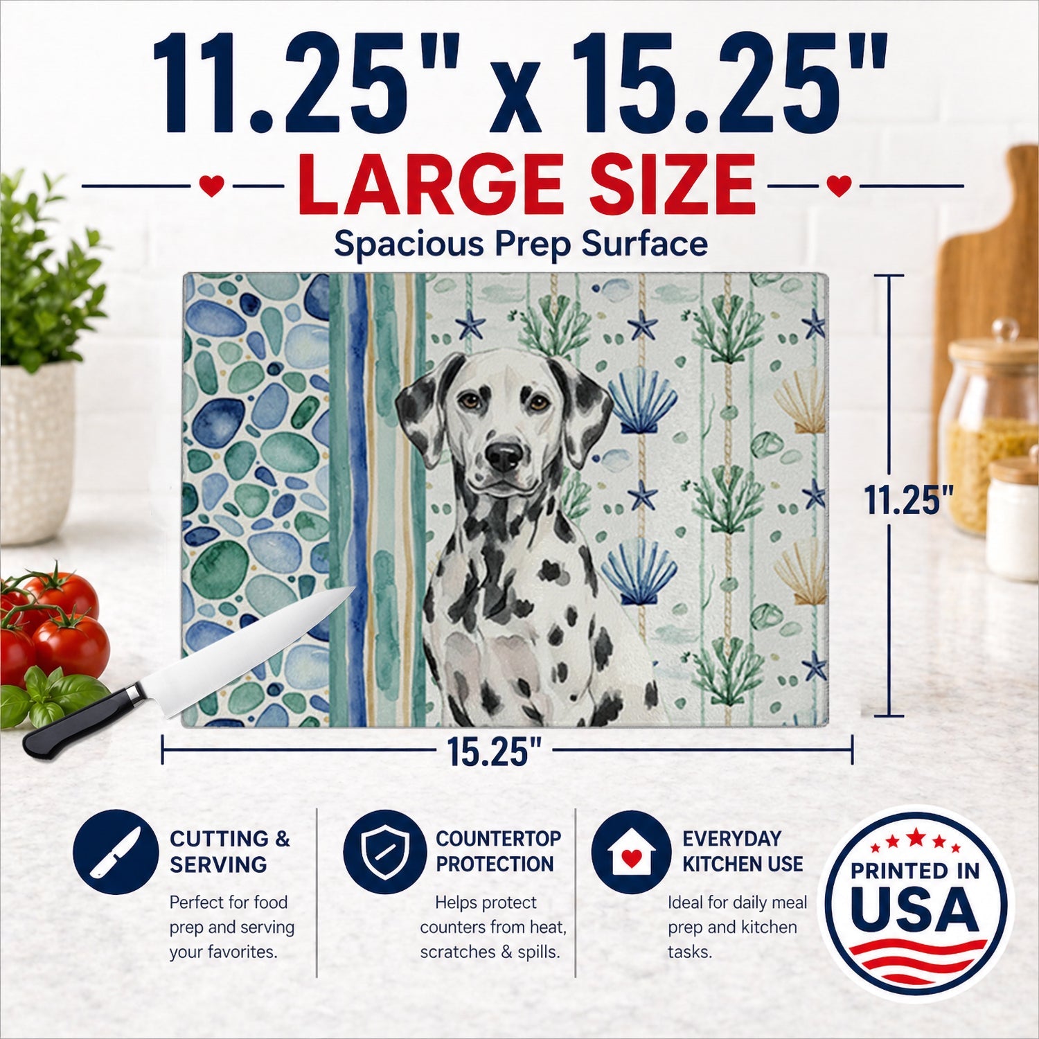 Dalmatian Coastal Sea Glass Cutting Board Tempered Glass Kitchen Cutting Surface, Heat Resistant Chopping, Non-Slip Feet, Food Prep & Serving