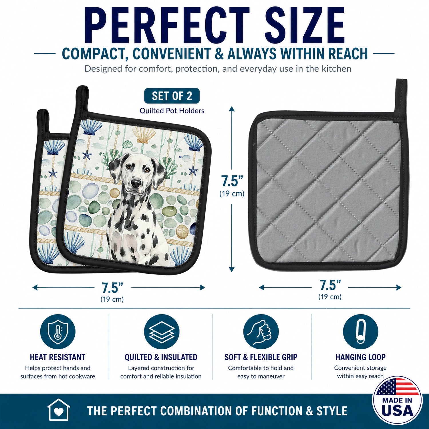 Dalmatian Coastal Sea Glass Pot Holder Set of 2 Heat Resistant Quilted Hot Pads 7.5 x 7.5 Inch, Insulated Kitchen Trivets for Cooking & Baking
