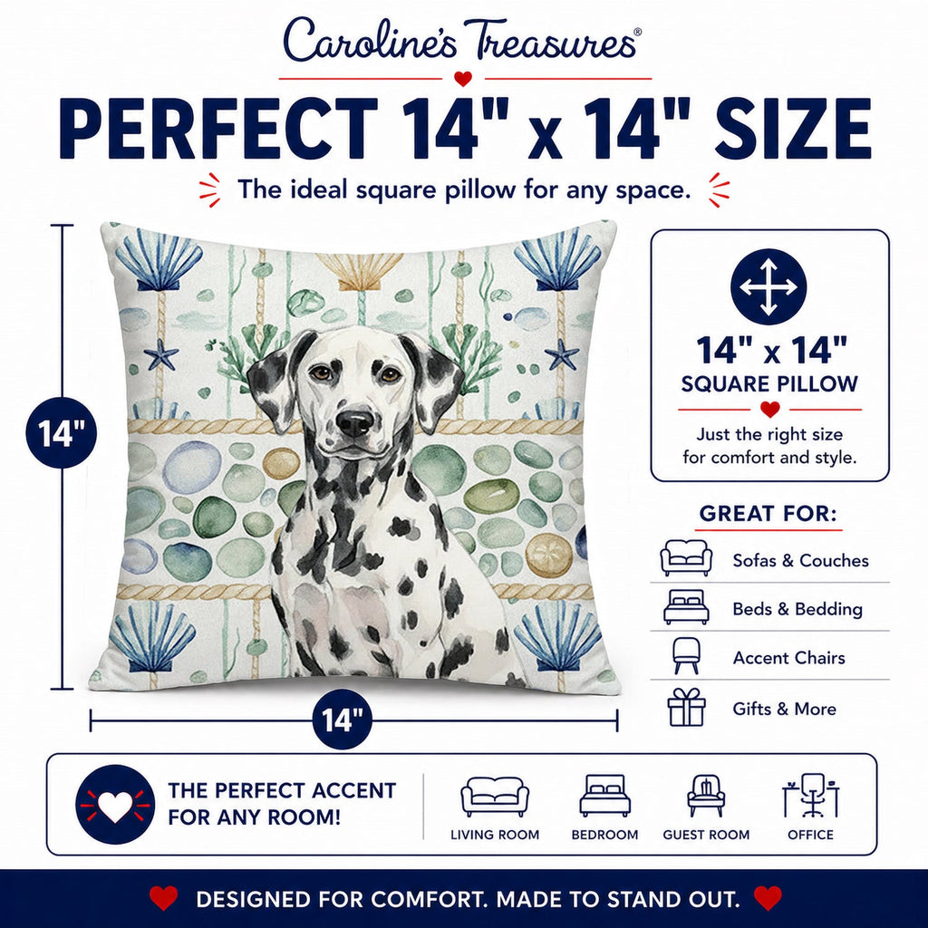 Dalmatian Coastal Sea Glass Decorative Throw Pillow 14x14 Indoor Outdoor Accent Cushion, Fabric Cover with Insert for Sofa, Bed, Porch & Living Room