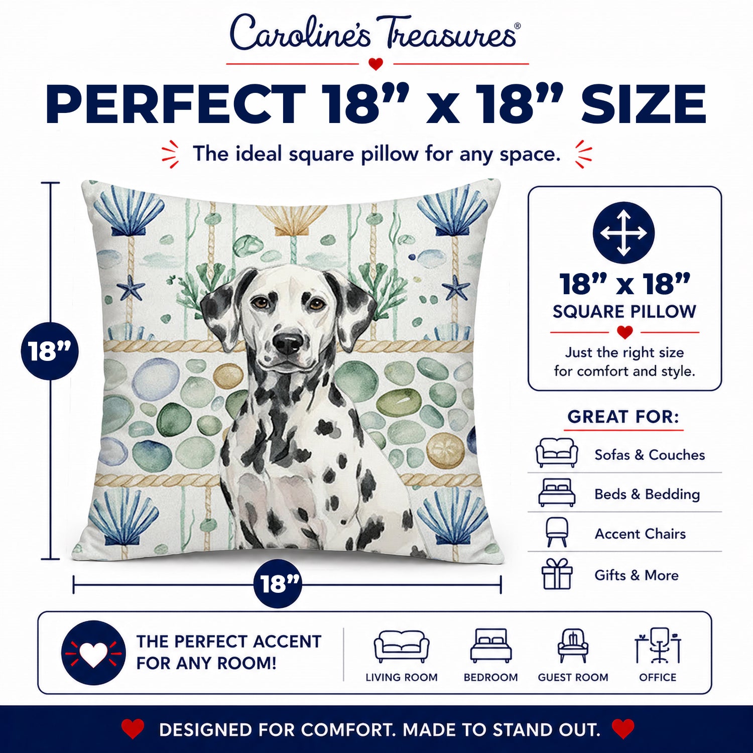 Dalmatian Coastal Sea Glass Decorative Throw Pillow 18x18 Indoor Outdoor Accent Cushion, Fabric Cover with Insert for Sofa, Bed, Porch & Living Room