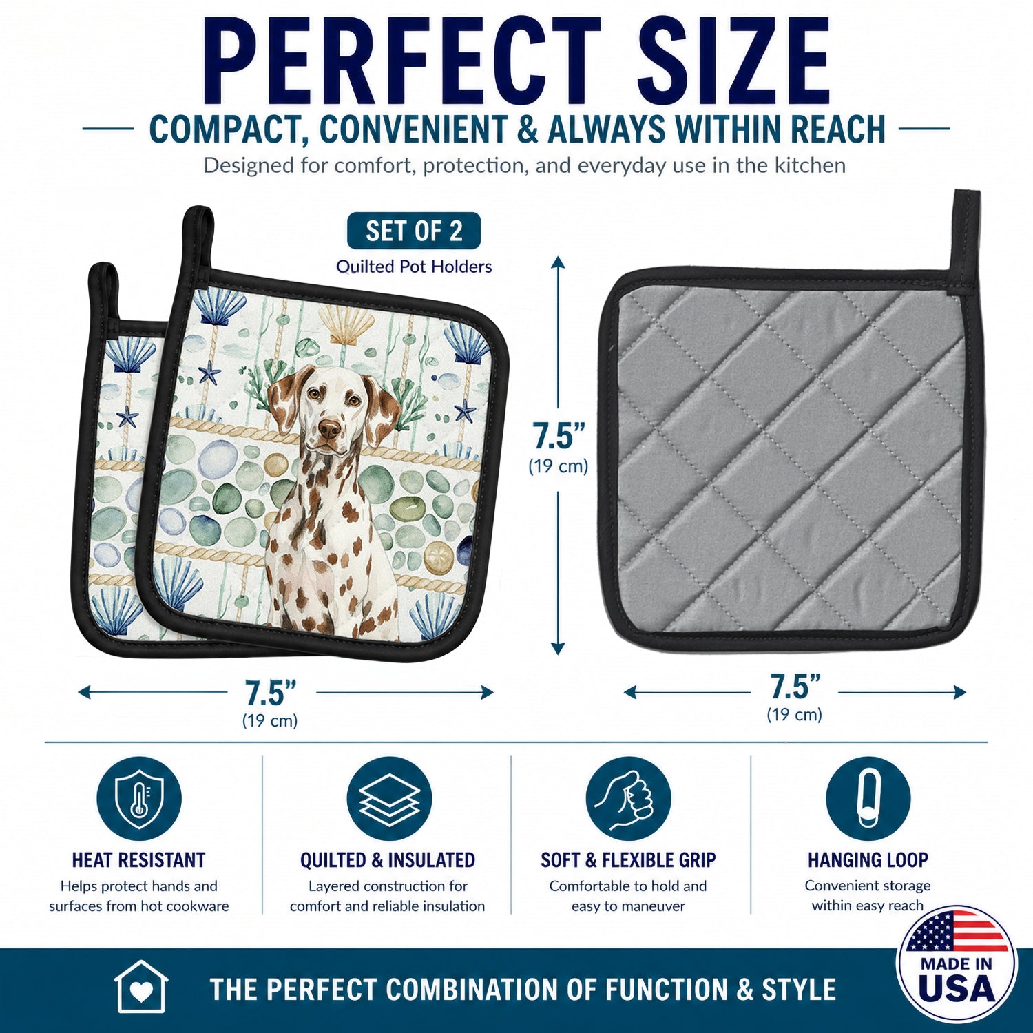 Liver Dalmatian Coastal Sea Glass Pot Holder Set of 2 Heat Resistant Quilted Hot Pads 7.5 x 7.5 Inch, Insulated Kitchen Trivets for Cooking & Baking