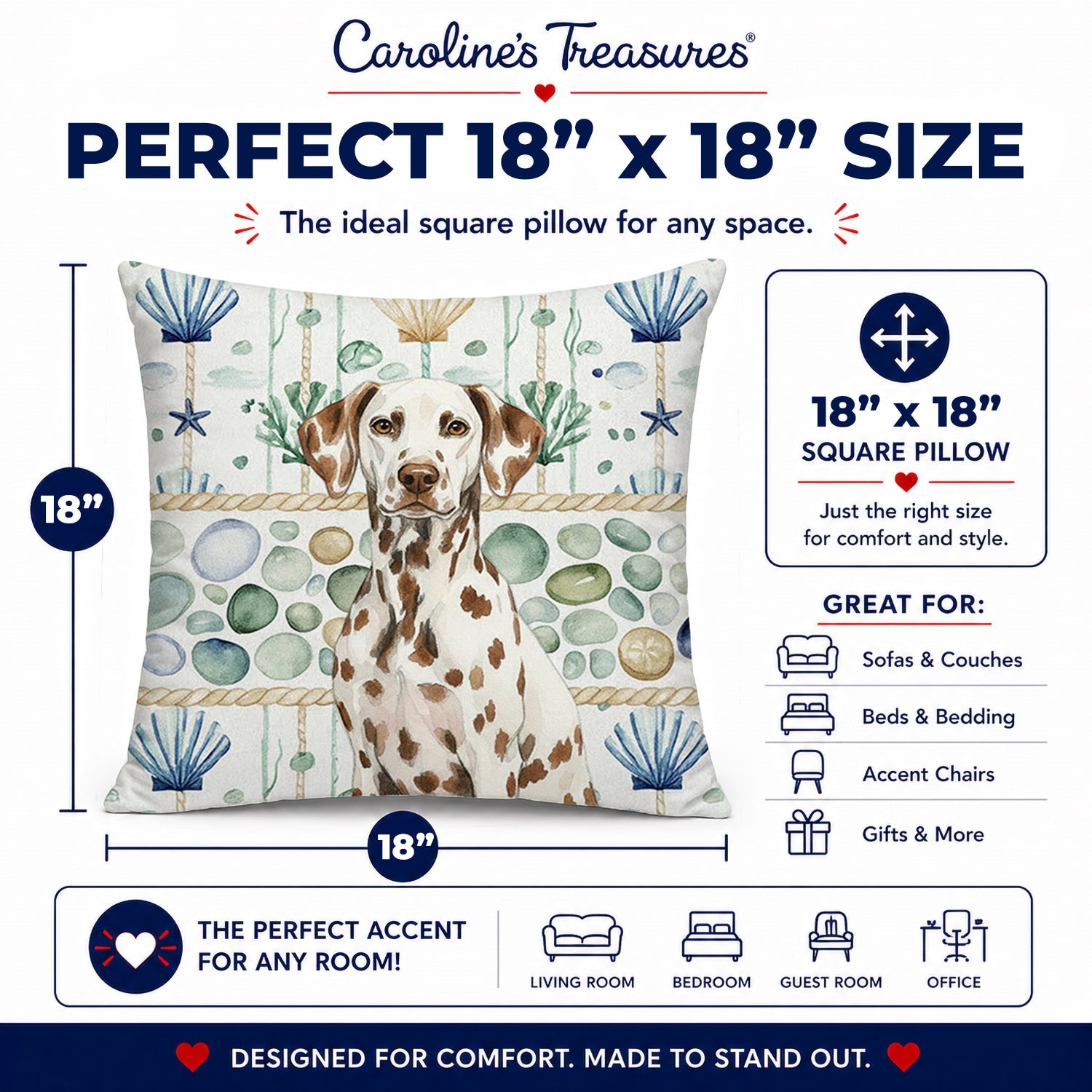 Liver Dalmatian Coastal Sea Glass Decorative Throw Pillow 18x18 Indoor Outdoor Accent Cushion, Fabric Cover with Insert for Sofa, Bed, Porch & Living Room