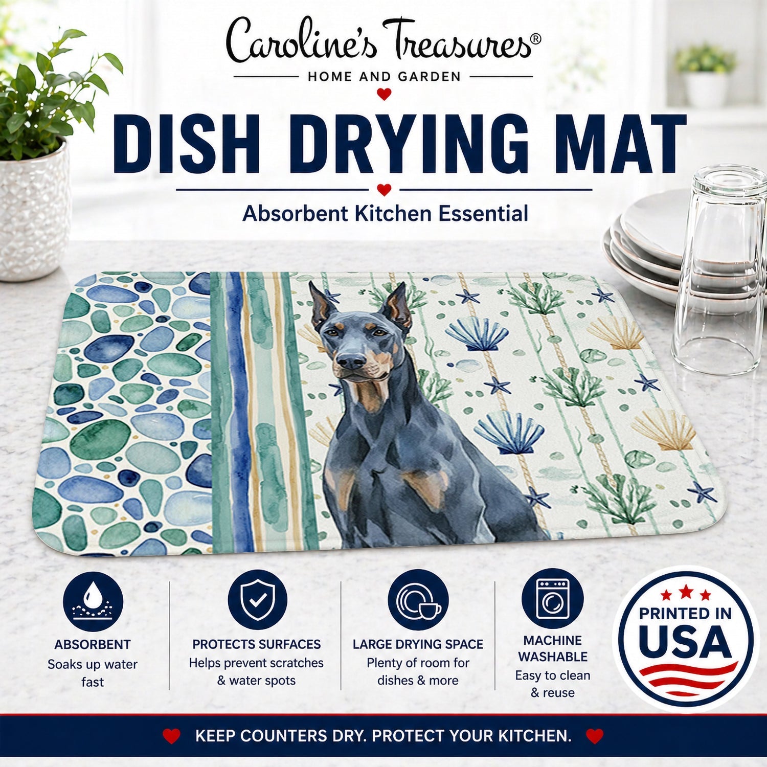 Blue Doberman Pinscher Coastal Sea Glass Dish Drying Mat Absorbent Dish Drying Mat Pad for Kitchen Counter Dish Drainer Mat for Countertop, 14 x 21", Multicolor