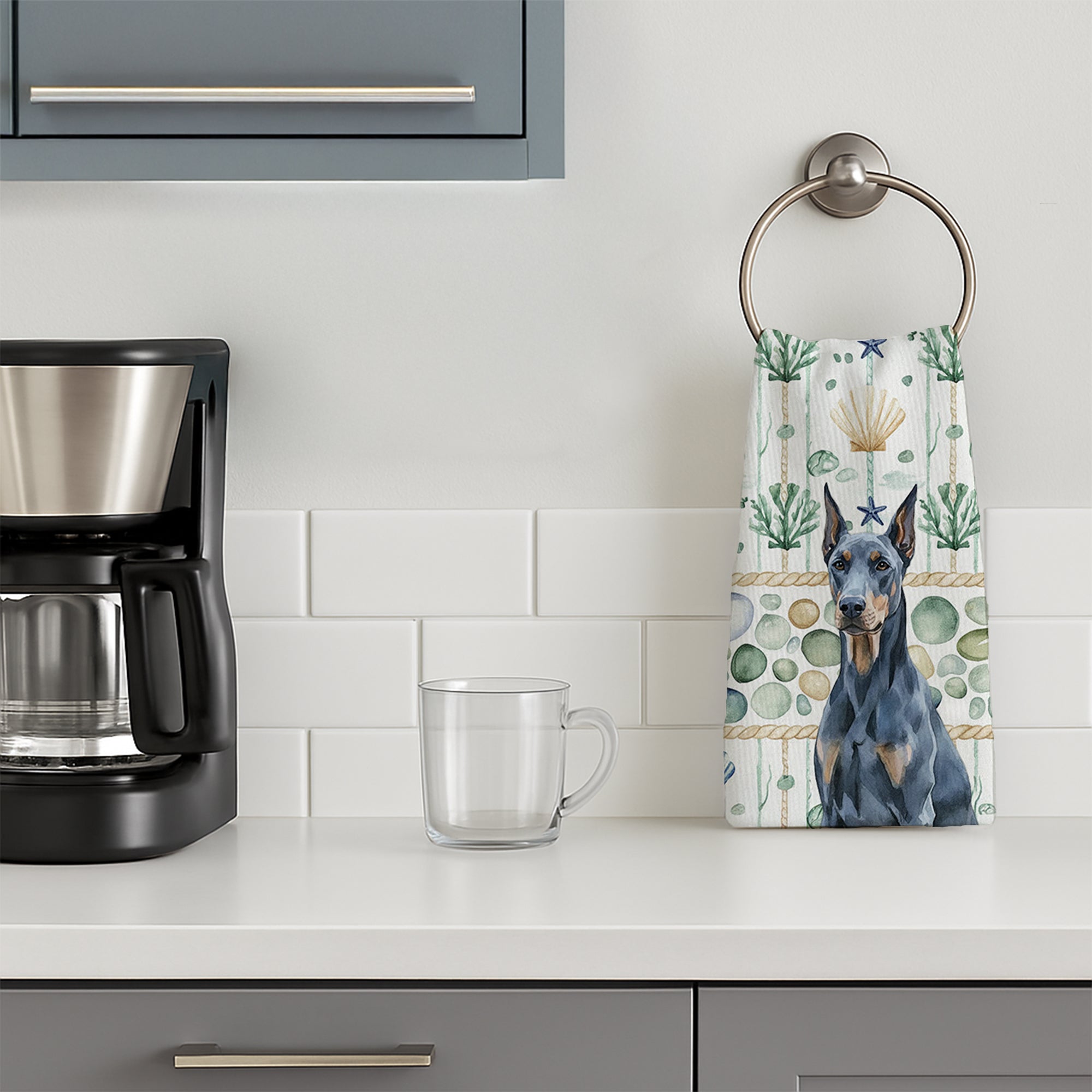 Blue Doberman Pinscher Coastal Sea Glass Kitchen Towel Velour Plush Front and Cotton Loop Back Machine Washable