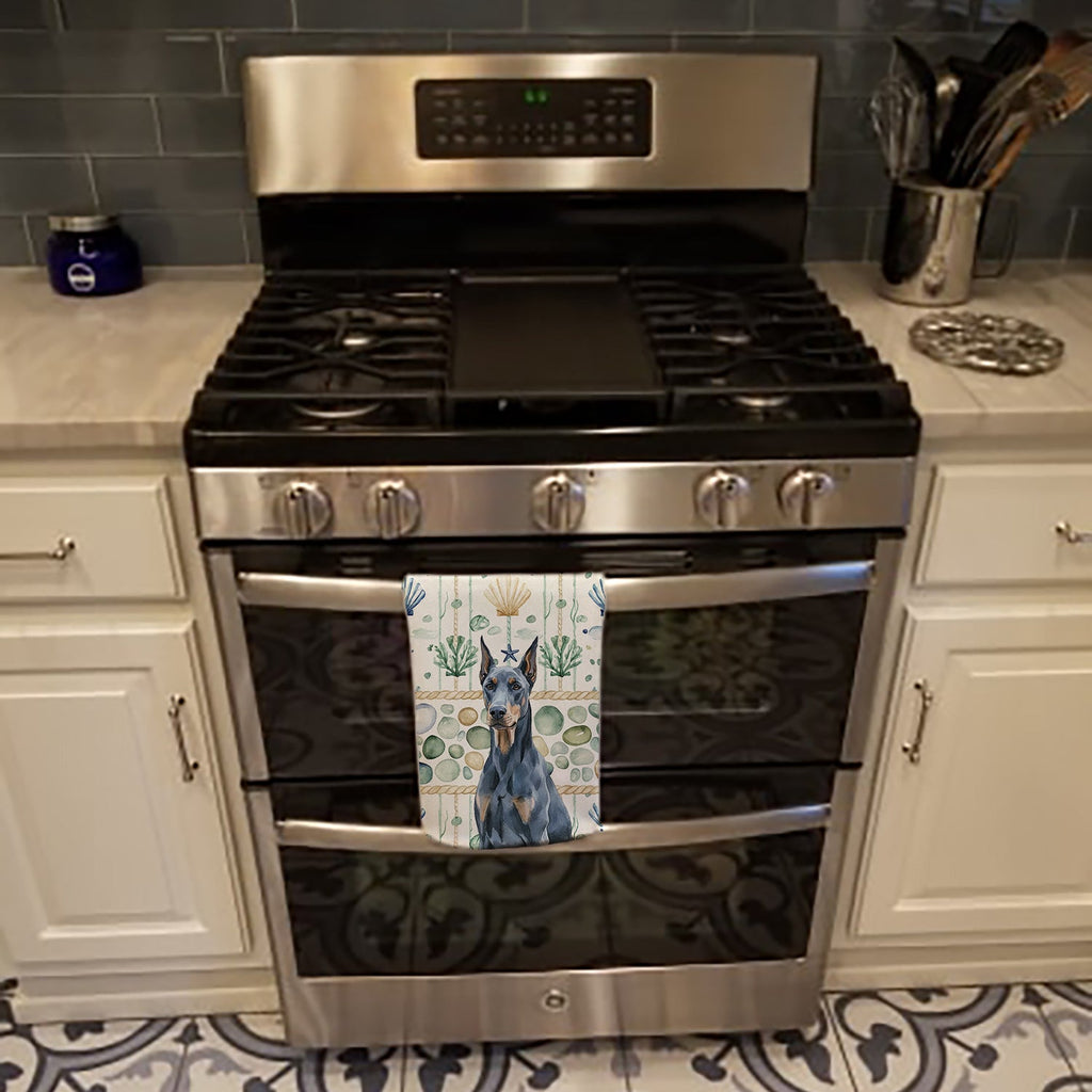 Blue Doberman Pinscher Coastal Sea Glass Kitchen Towel Velour Plush Front and Cotton Loop Back Machine Washable
