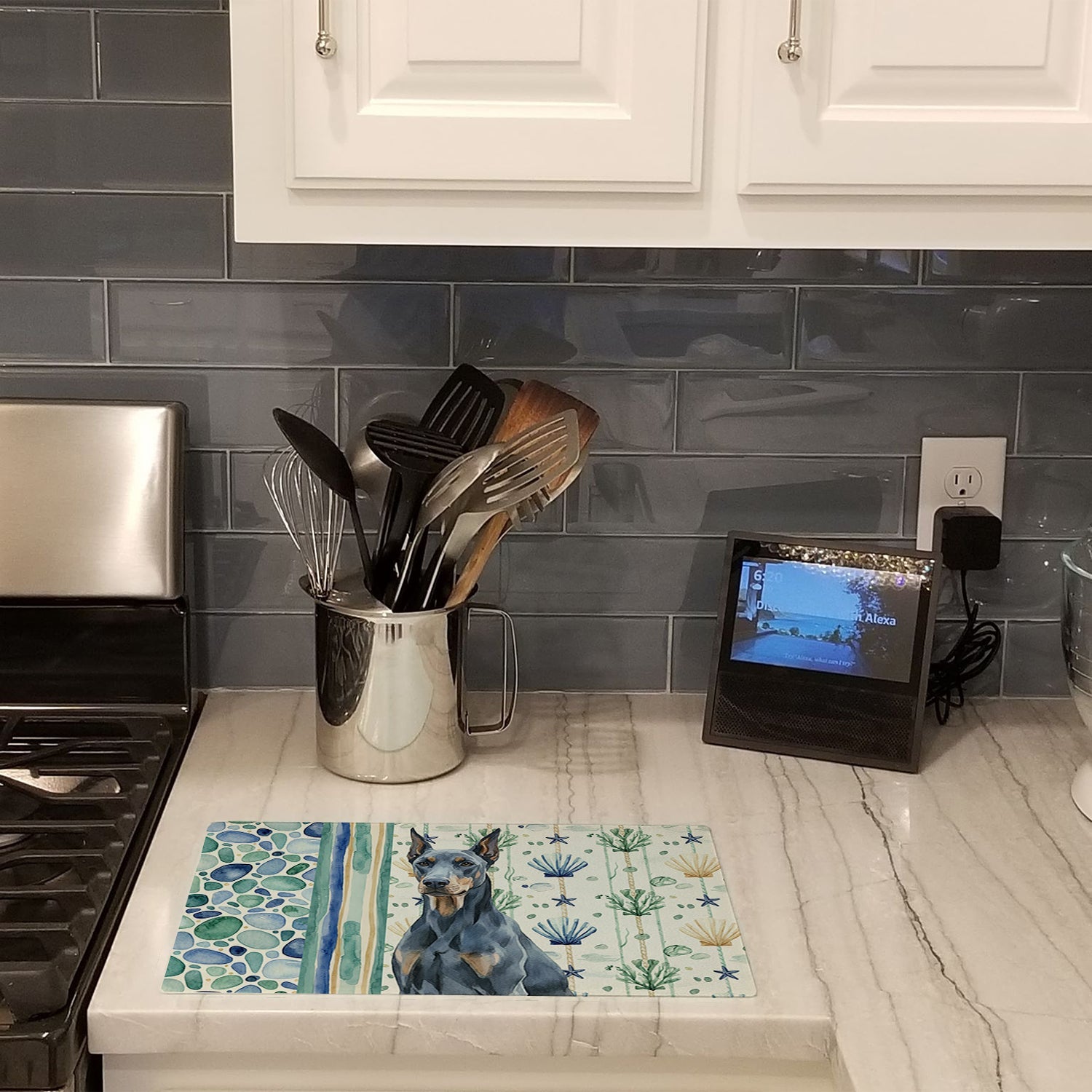Blue Doberman Pinscher Coastal Sea Glass Cutting Board Tempered Glass Kitchen Cutting Surface, Heat Resistant Chopping, Non-Slip Feet, Food Prep & Serving