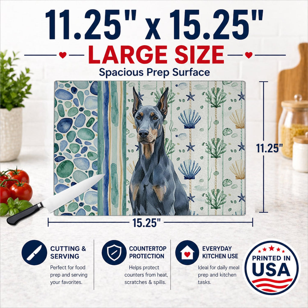 Blue Doberman Pinscher Coastal Sea Glass Cutting Board Tempered Glass Kitchen Cutting Surface, Heat Resistant Chopping, Non-Slip Feet, Food Prep & Serving