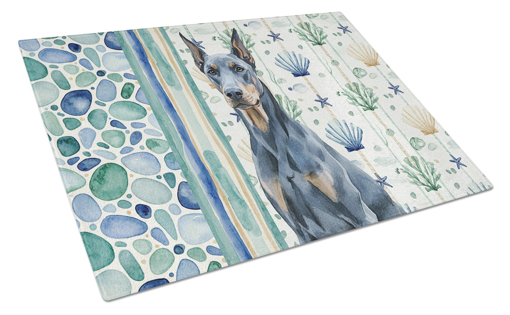 Blue Doberman Pinscher Coastal Sea Glass Cutting Board Tempered Glass Kitchen Cutting Surface, Heat Resistant Chopping, Non-Slip Feet, Food Prep & Serving