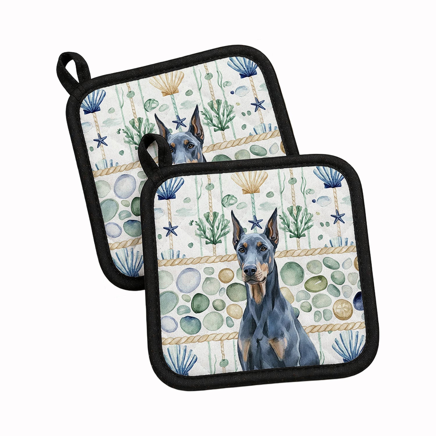 Blue Doberman Pinscher Coastal Sea Glass Pot Holder Set of 2 Heat Resistant Quilted Hot Pads 7.5 x 7.5 Inch, Insulated Kitchen Trivets for Cooking & Baking
