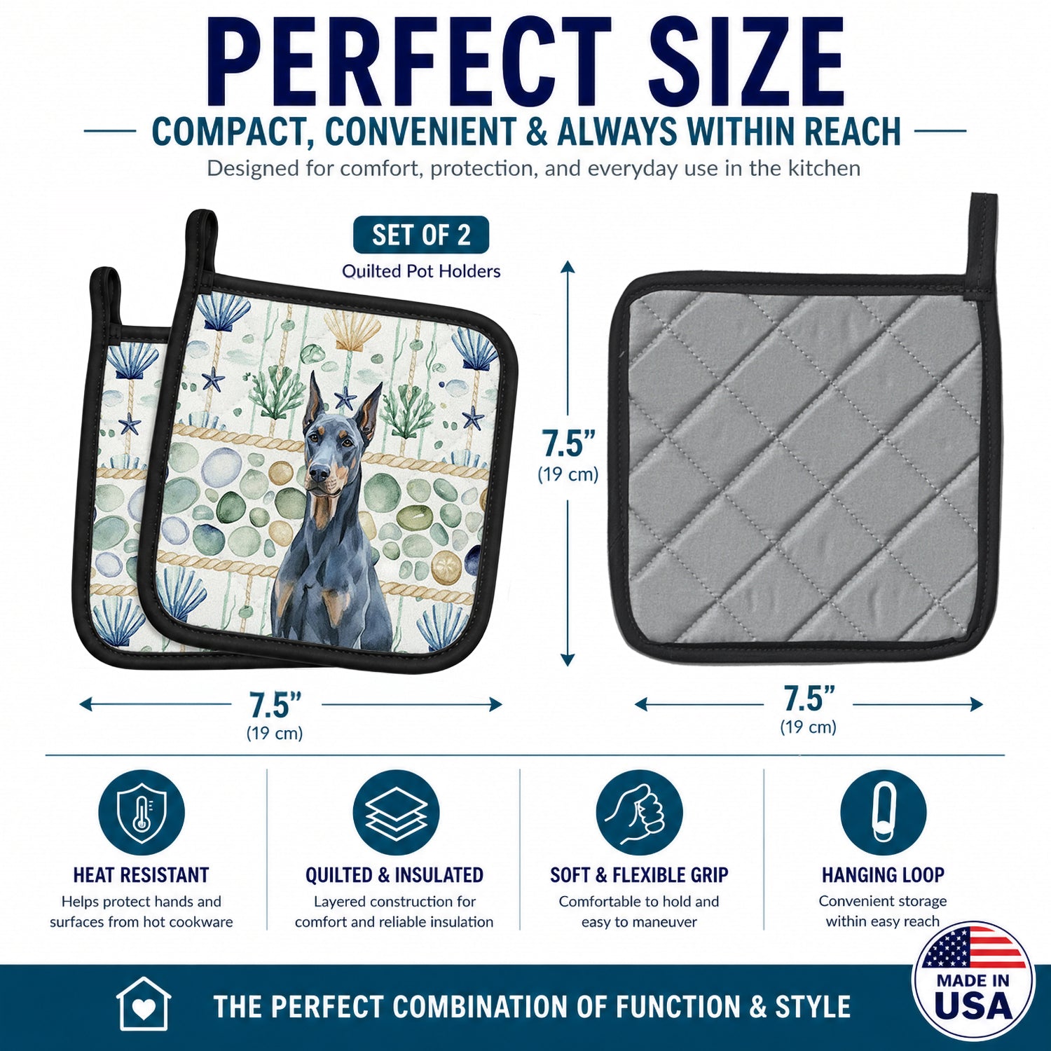 Blue Doberman Pinscher Coastal Sea Glass Pot Holder Set of 2 Heat Resistant Quilted Hot Pads 7.5 x 7.5 Inch, Insulated Kitchen Trivets for Cooking & Baking