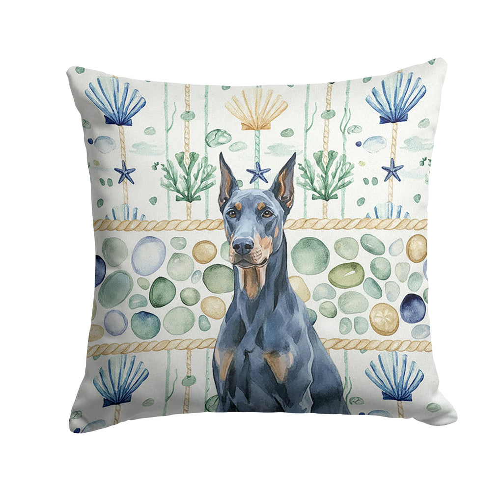Blue Doberman Pinscher Coastal Sea Glass Decorative Throw Pillow 14x14 Indoor Outdoor Accent Cushion, Fabric Cover with Insert for Sofa, Bed, Porch & Living Room