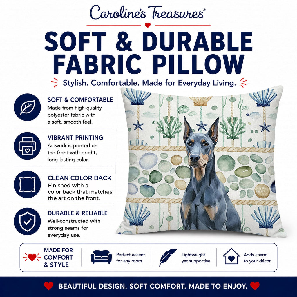 Blue Doberman Pinscher Coastal Sea Glass Decorative Throw Pillow 18x18 Indoor Outdoor Accent Cushion, Fabric Cover with Insert for Sofa, Bed, Porch & Living Room