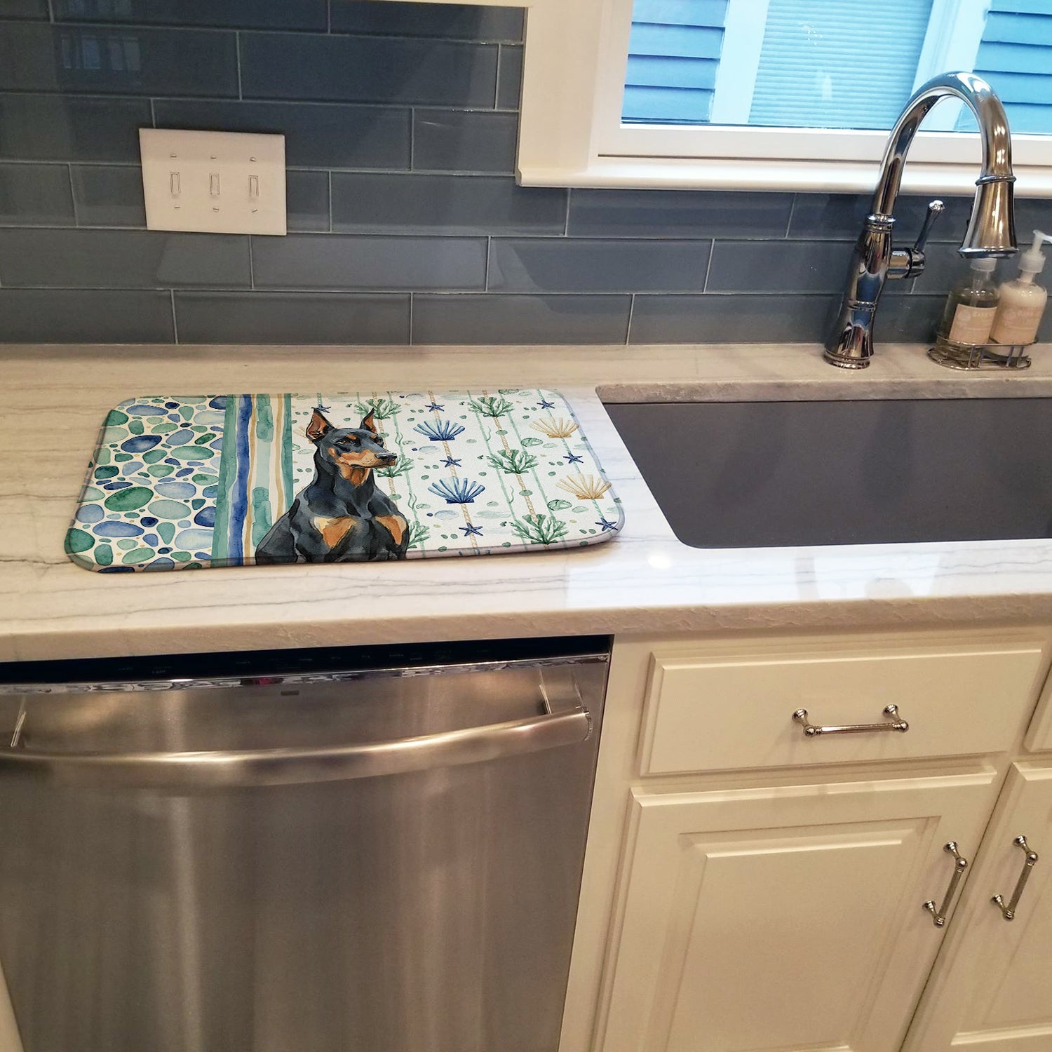 Doberman Pinscher Coastal Sea Glass Dish Drying Mat Absorbent Dish Drying Mat Pad for Kitchen Counter Dish Drainer Mat for Countertop, 14 x 21", Multicolor