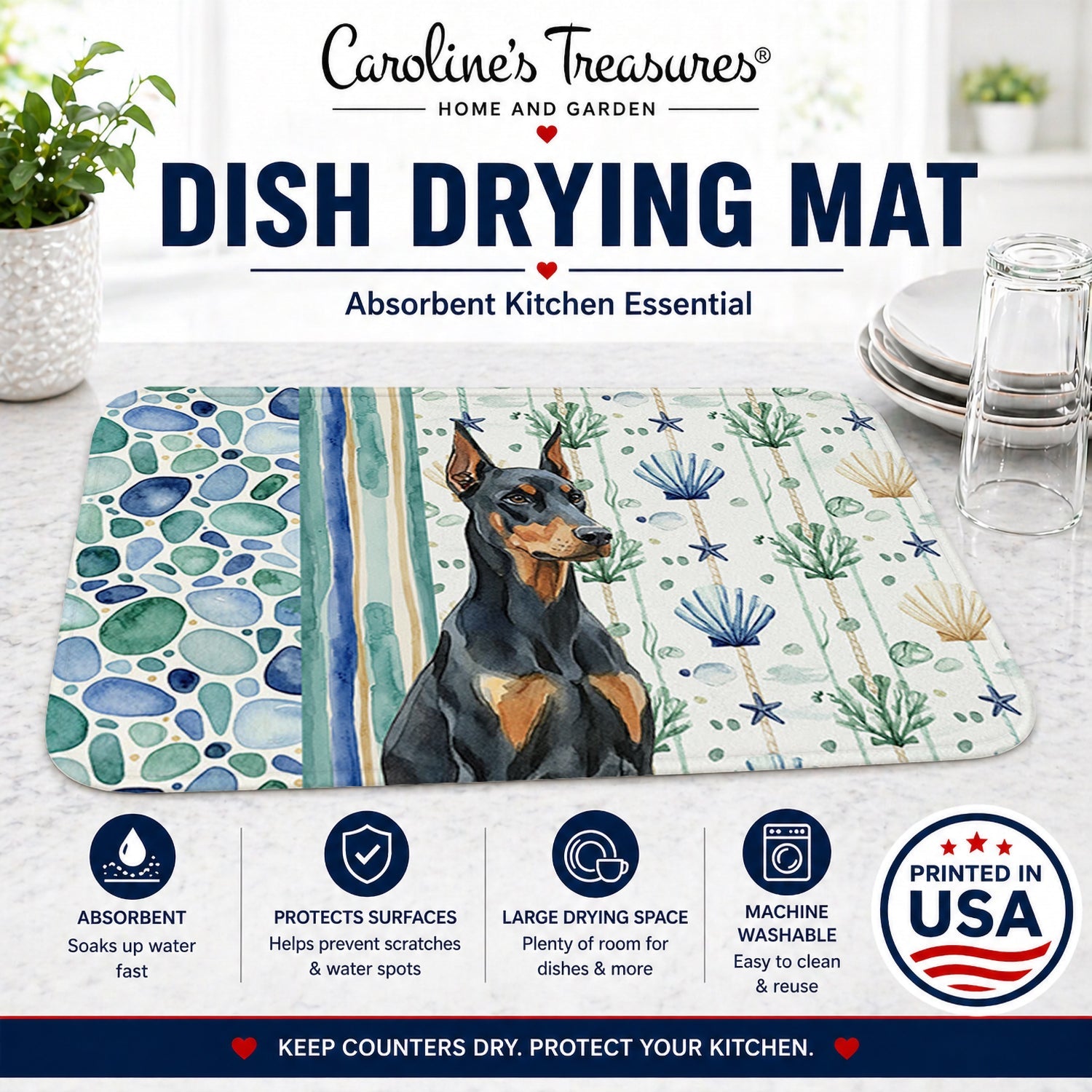 Doberman Pinscher Coastal Sea Glass Dish Drying Mat Absorbent Dish Drying Mat Pad for Kitchen Counter Dish Drainer Mat for Countertop, 14 x 21", Multicolor
