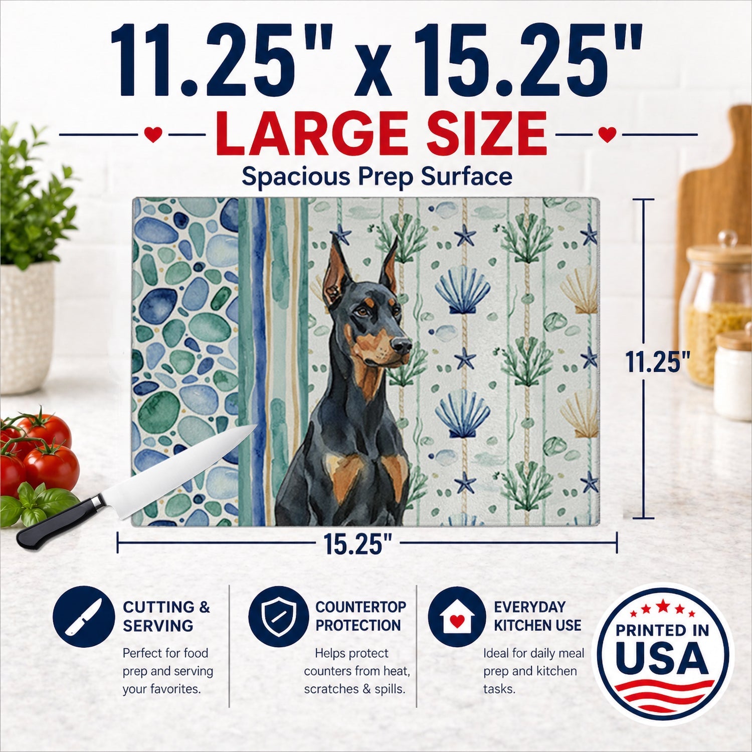 Doberman Pinscher Coastal Sea Glass Cutting Board Tempered Glass Kitchen Cutting Surface, Heat Resistant Chopping, Non-Slip Feet, Food Prep & Serving