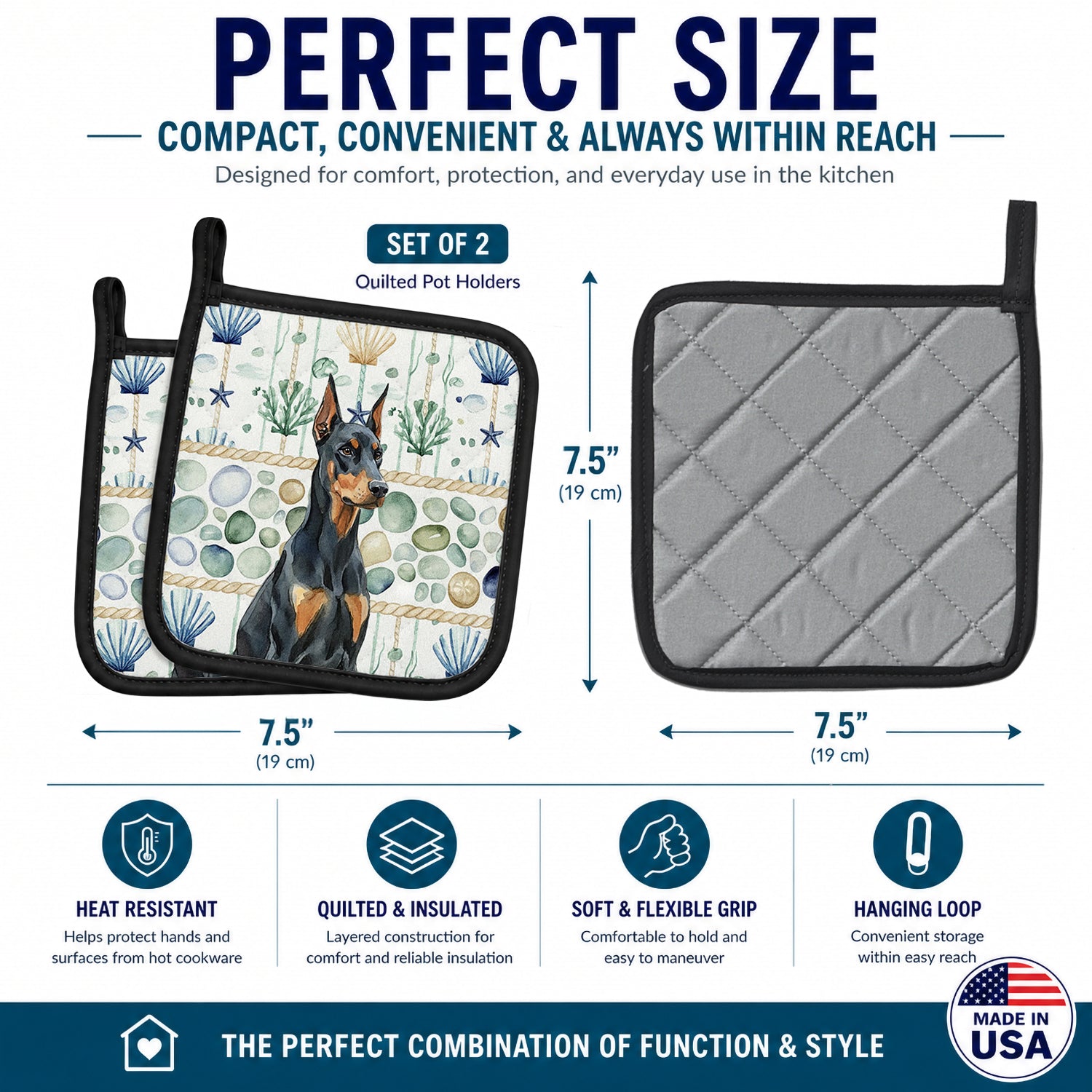 Doberman Pinscher Coastal Sea Glass Pot Holder Set of 2 Heat Resistant Quilted Hot Pads 7.5 x 7.5 Inch, Insulated Kitchen Trivets for Cooking & Baking