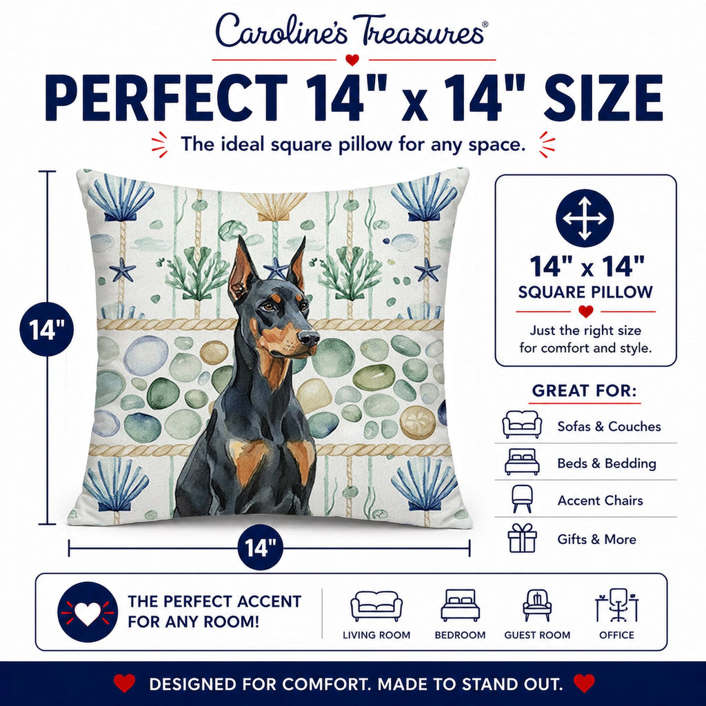 Doberman Pinscher Coastal Sea Glass Decorative Throw Pillow 14x14 Indoor Outdoor Accent Cushion, Fabric Cover with Insert for Sofa, Bed, Porch & Living Room