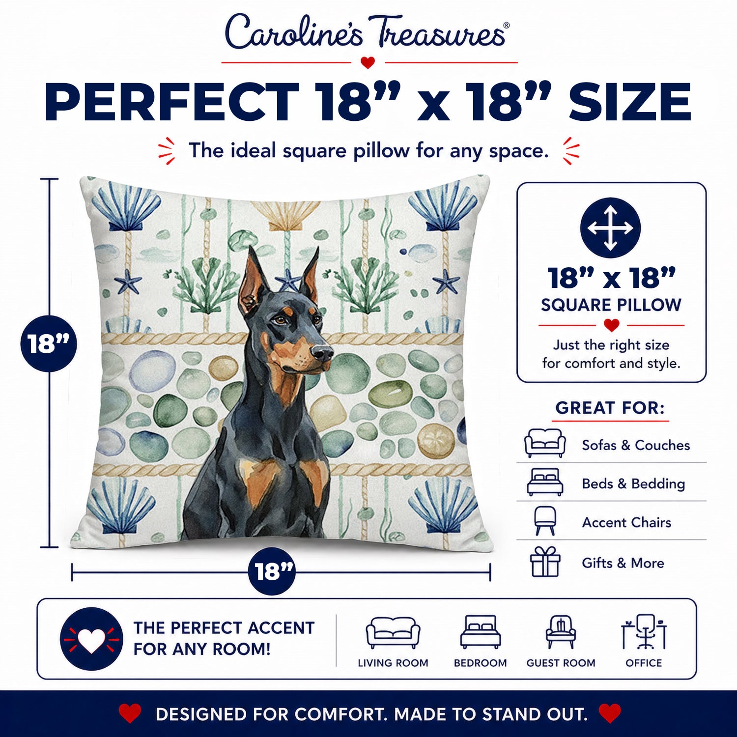 Doberman Pinscher Coastal Sea Glass Decorative Throw Pillow 18x18 Indoor Outdoor Accent Cushion, Fabric Cover with Insert for Sofa, Bed, Porch & Living Room
