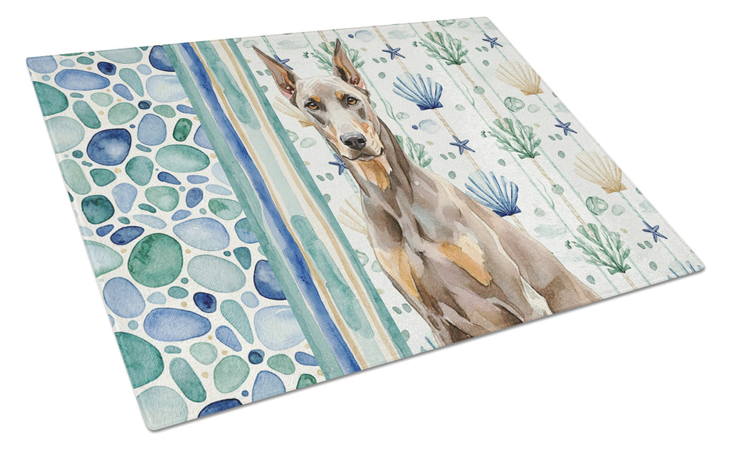 Fawn Doberman Pinscher Coastal Sea Glass Cutting Board Tempered Glass Kitchen Cutting Surface, Heat Resistant Chopping, Non-Slip Feet, Food Prep & Serving