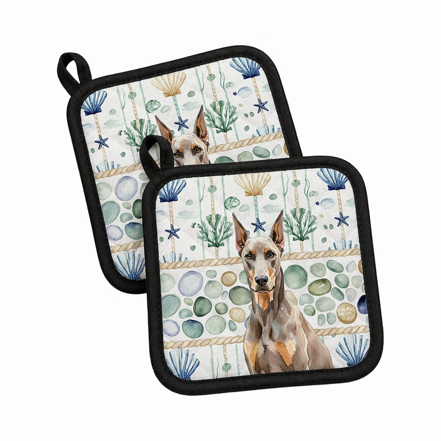 Fawn Doberman Pinscher Coastal Sea Glass Pot Holder Set of 2 Heat Resistant Quilted Hot Pads 7.5 x 7.5 Inch, Insulated Kitchen Trivets for Cooking & Baking