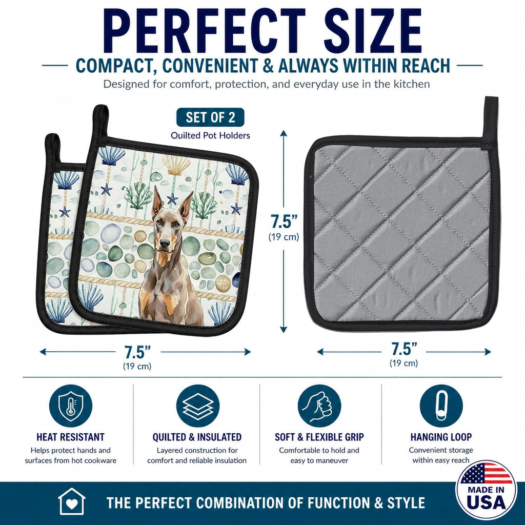 Fawn Doberman Pinscher Coastal Sea Glass Pot Holder Set of 2 Heat Resistant Quilted Hot Pads 7.5 x 7.5 Inch, Insulated Kitchen Trivets for Cooking & Baking