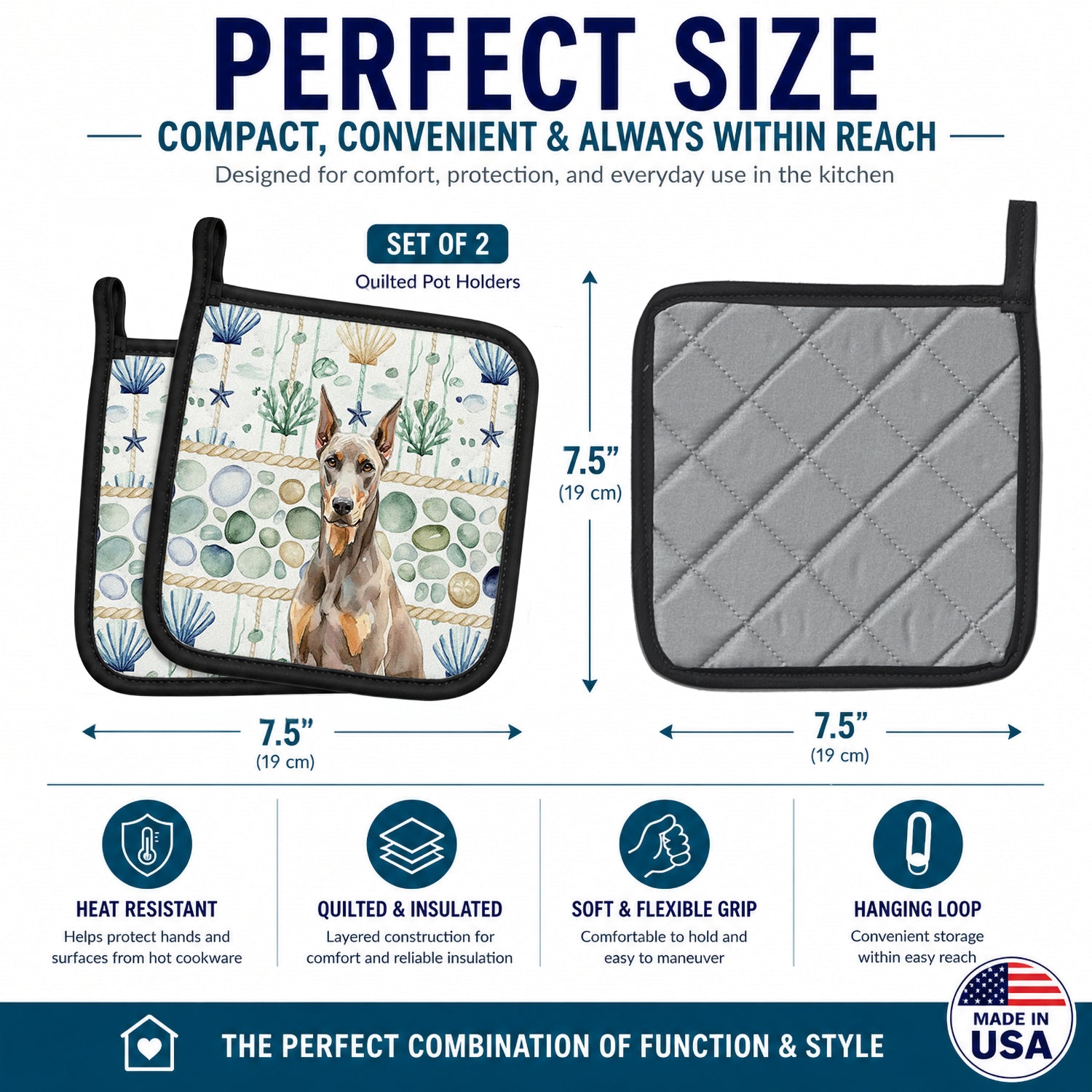 Fawn Doberman Pinscher Coastal Sea Glass Pot Holder Set of 2 Heat Resistant Quilted Hot Pads 7.5 x 7.5 Inch, Insulated Kitchen Trivets for Cooking & Baking