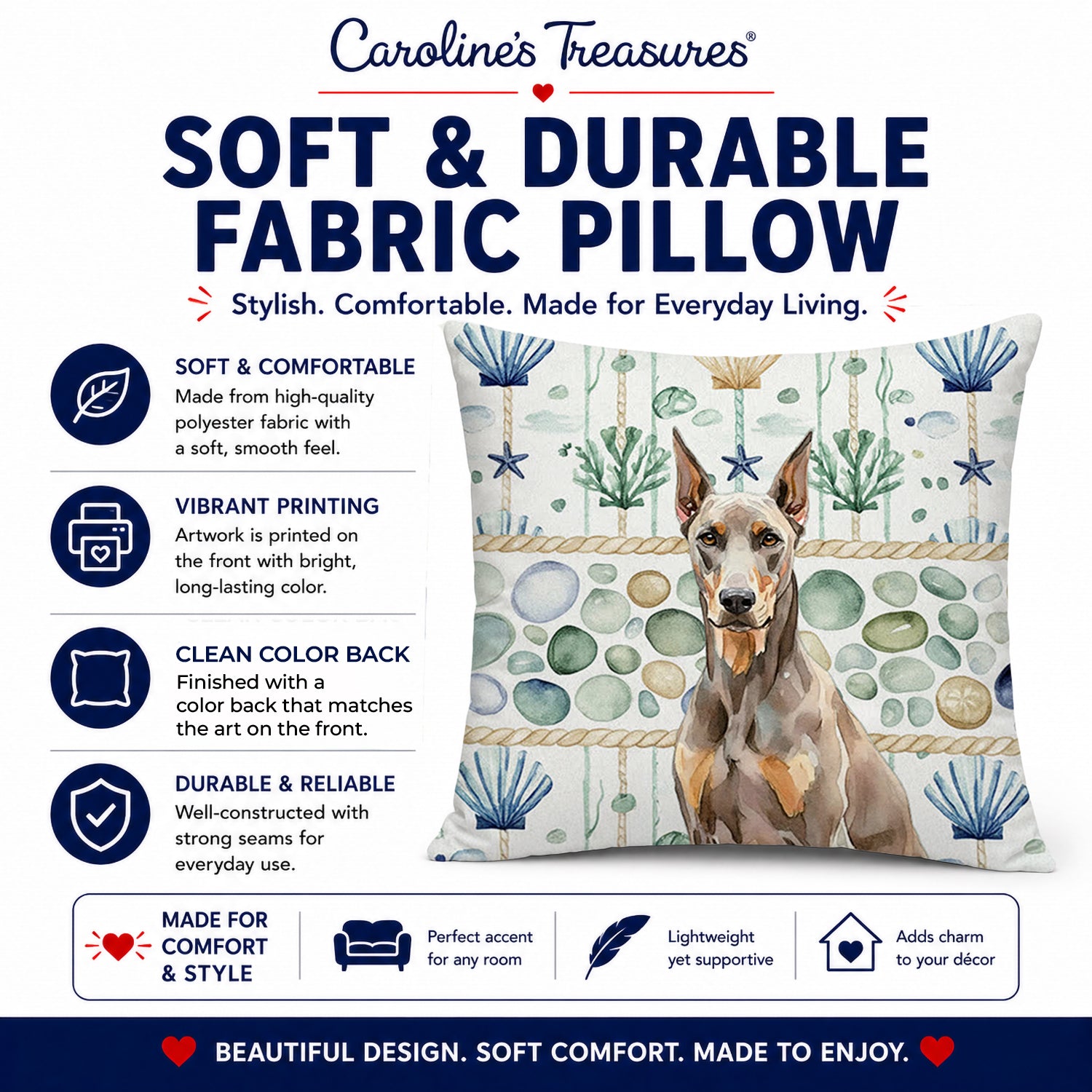 Fawn Doberman Pinscher Coastal Sea Glass Decorative Throw Pillow 18x18 Indoor Outdoor Accent Cushion, Fabric Cover with Insert for Sofa, Bed, Porch & Living Room