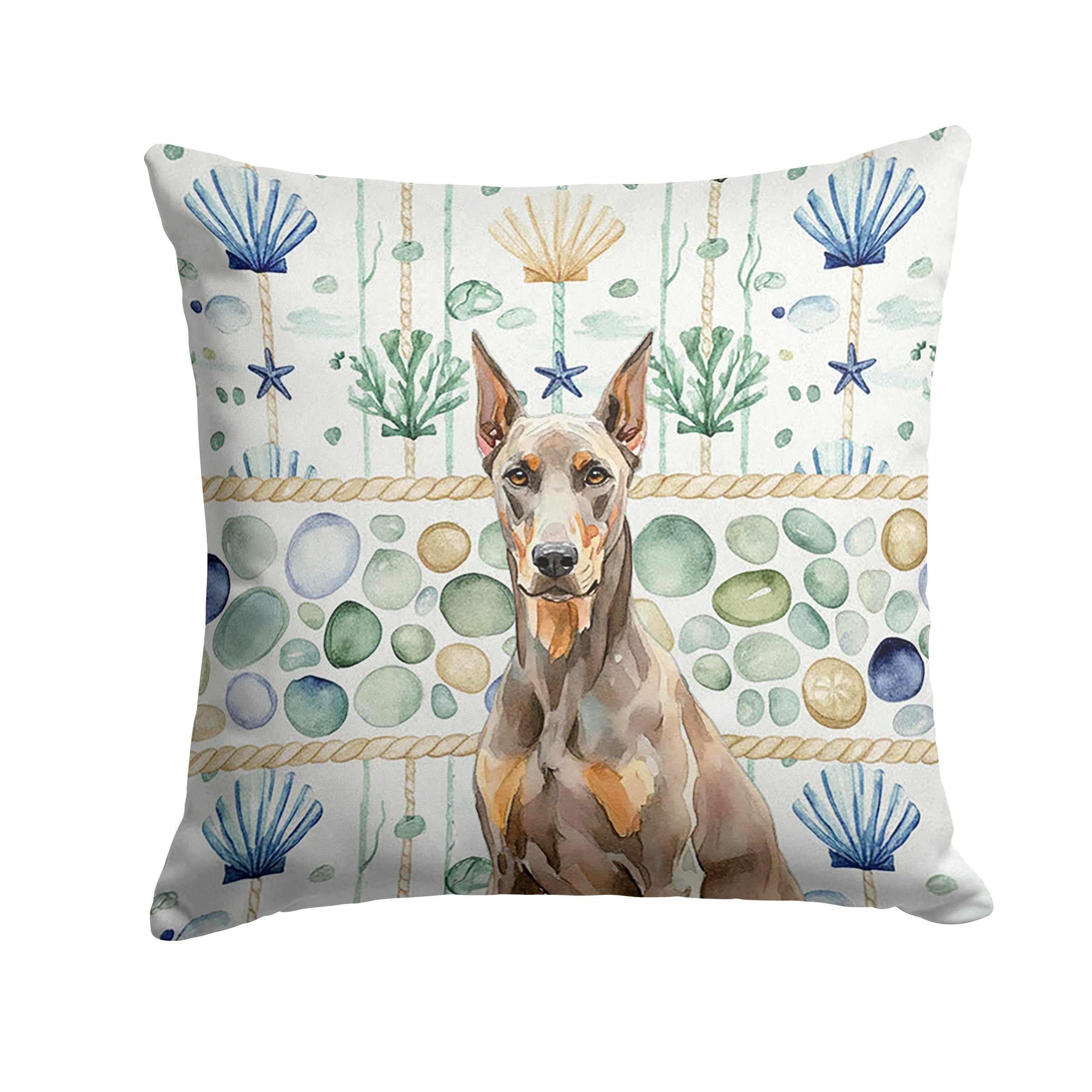 Fawn Doberman Pinscher Coastal Sea Glass Decorative Throw Pillow 18x18 Indoor Outdoor Accent Cushion, Fabric Cover with Insert for Sofa, Bed, Porch & Living Room