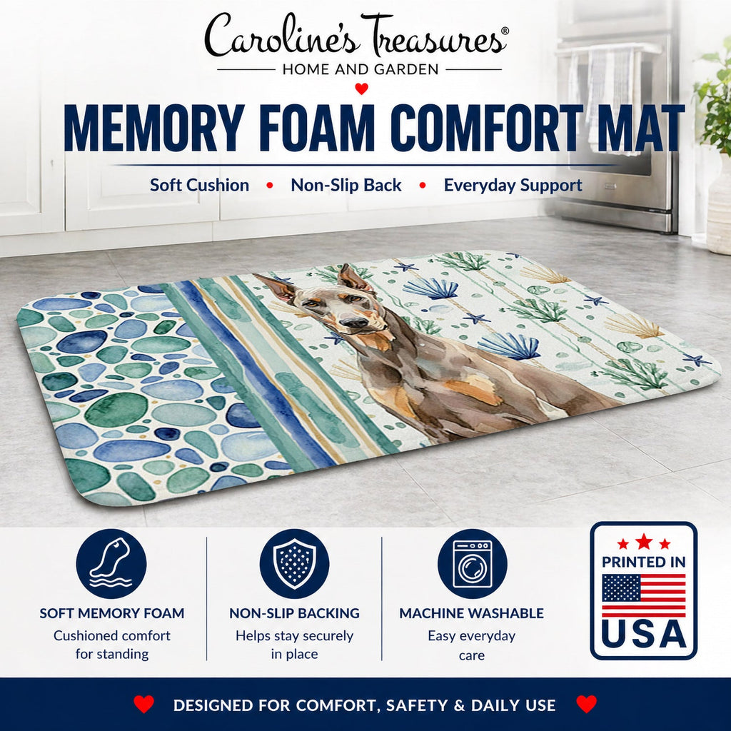 Fawn Doberman Pinscher Coastal Sea Glass Memory Foam Kitchen Mat Machine Washable Anti-Fatigue Cushion Comfort Bath or Kitchen Rug