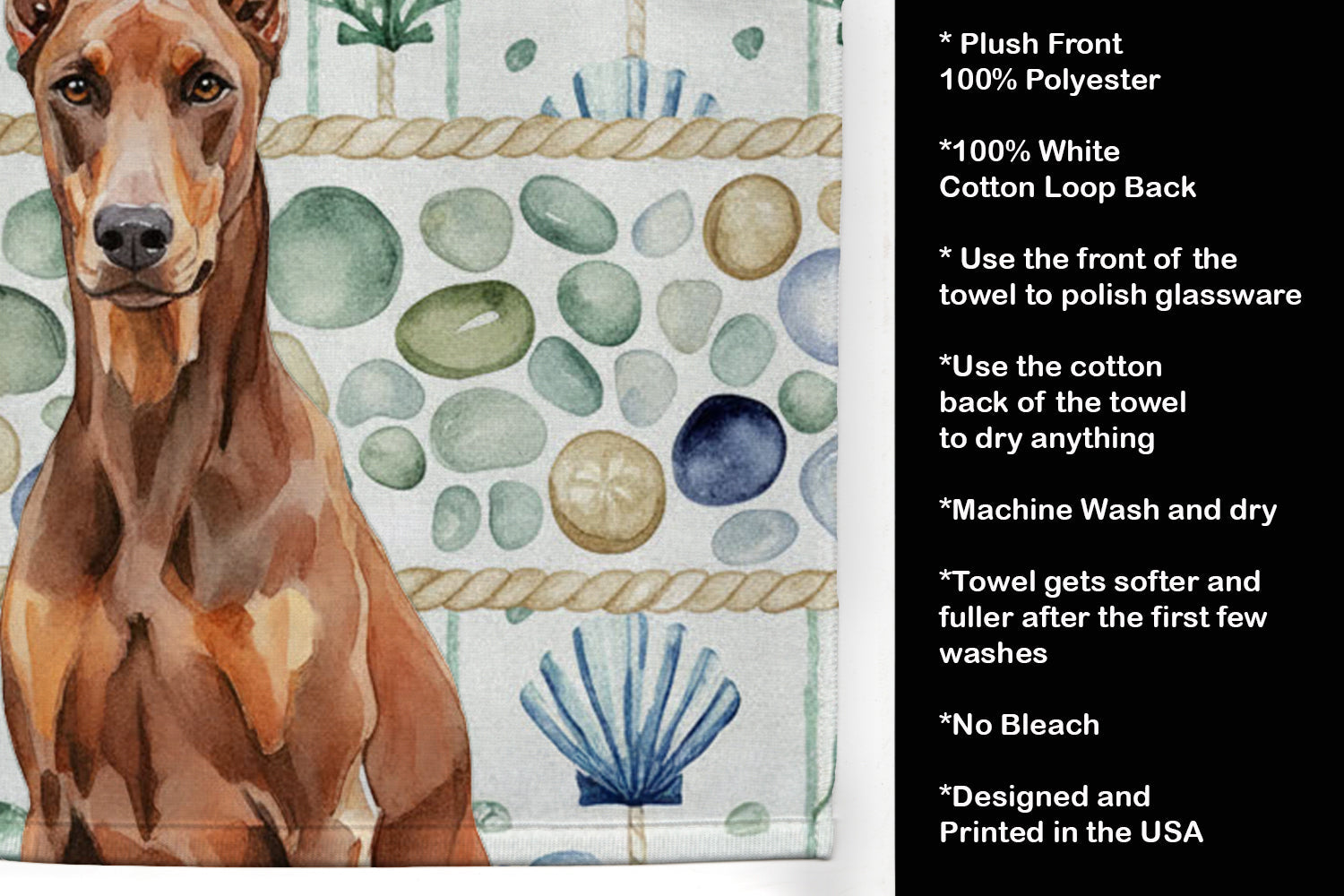 Red Doberman Pinscher Coastal Sea Glass Kitchen Towel Velour Plush Front and Cotton Loop Back Machine Washable