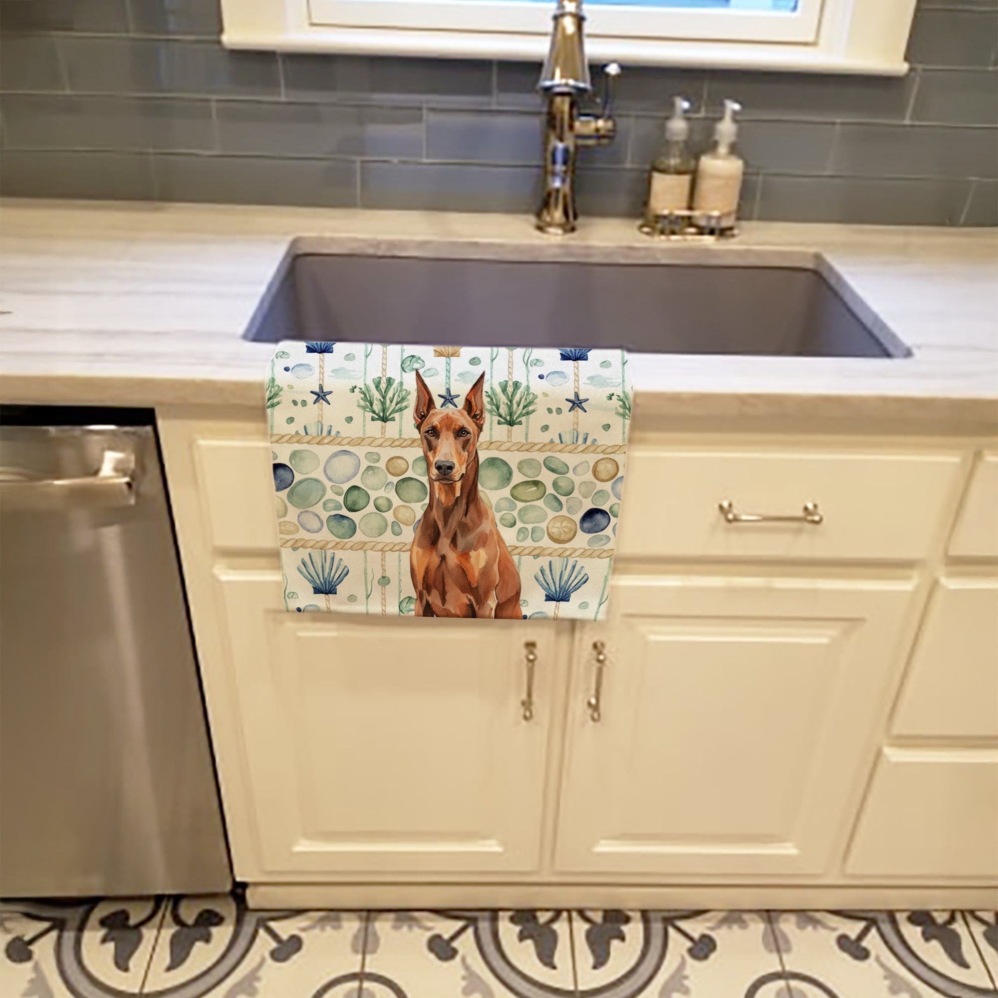 Red Doberman Pinscher Coastal Sea Glass Kitchen Towel Velour Plush Front and Cotton Loop Back Machine Washable