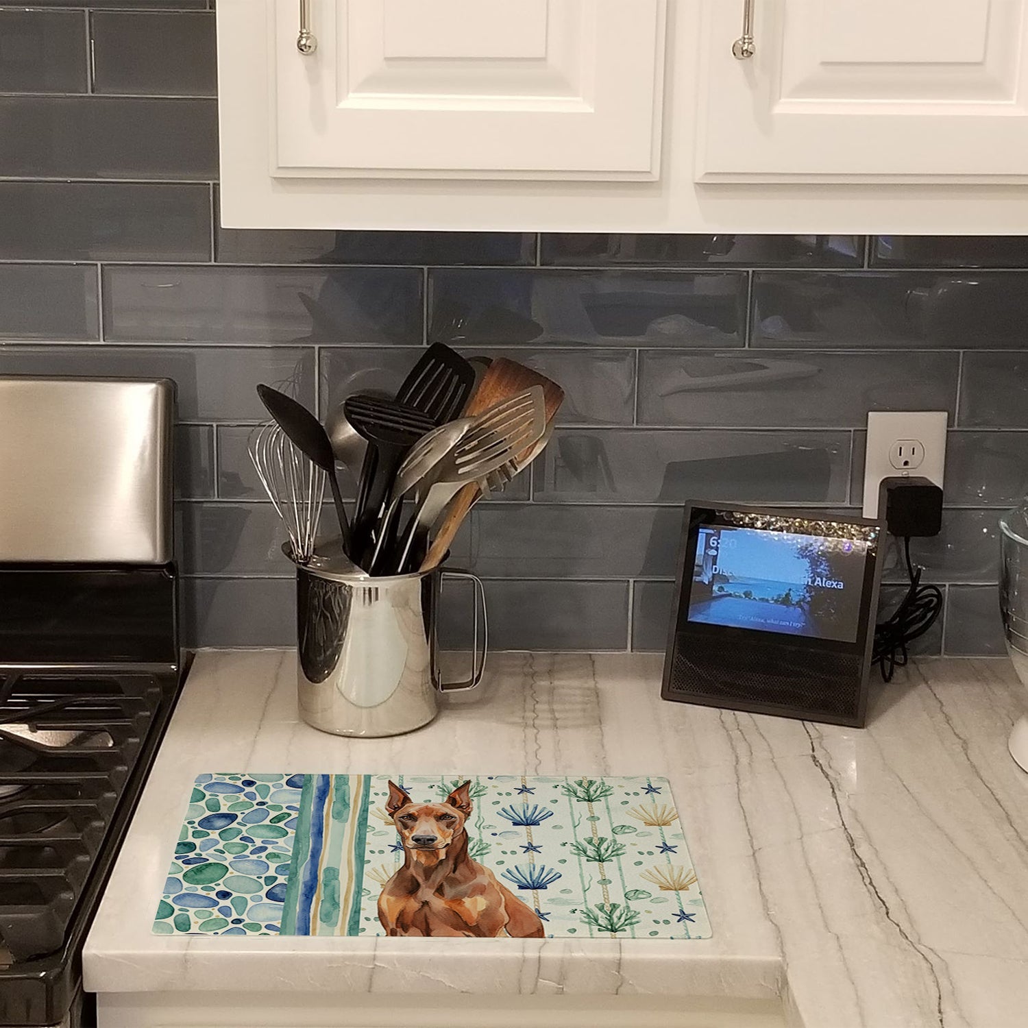 Red Doberman Pinscher Coastal Sea Glass Cutting Board Tempered Glass Kitchen Cutting Surface, Heat Resistant Chopping, Non-Slip Feet, Food Prep & Serving