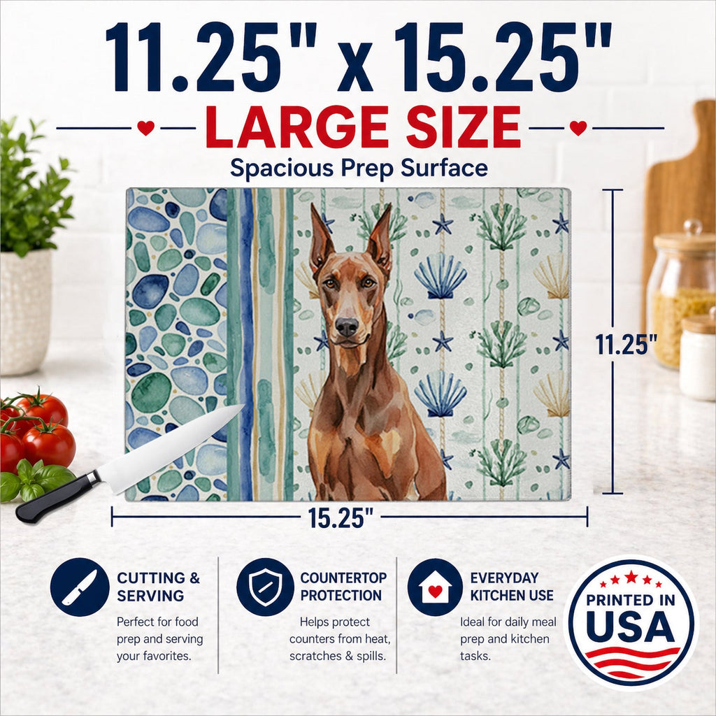Red Doberman Pinscher Coastal Sea Glass Cutting Board Tempered Glass Kitchen Cutting Surface, Heat Resistant Chopping, Non-Slip Feet, Food Prep & Serving