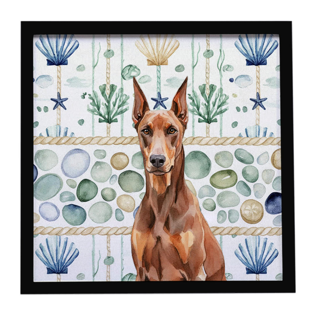 Red Doberman Pinscher Coastal Sea Glass Framed Metal Print Bathroom, Kitchen, Office, Home Decor Wall Art Ready to Hang, Square, 8X8