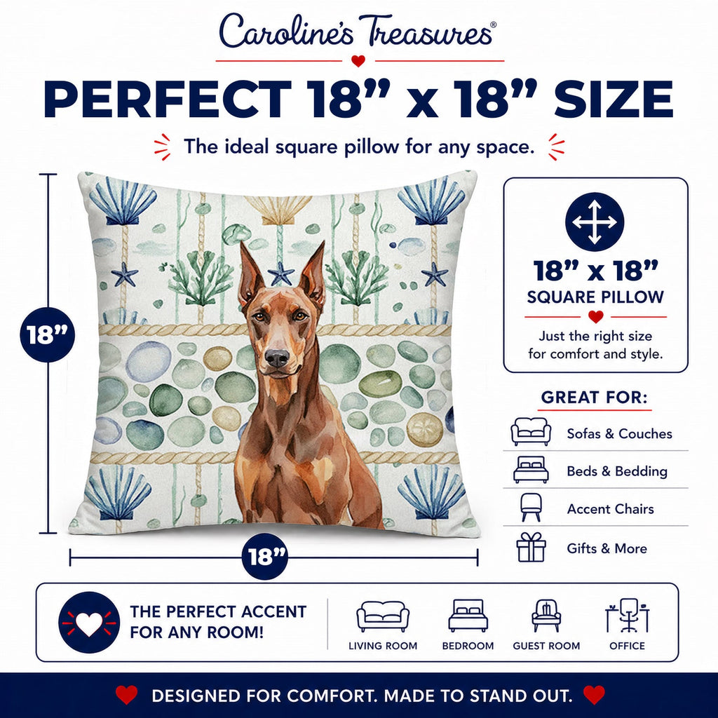 Red Doberman Pinscher Coastal Sea Glass Decorative Throw Pillow 18x18 Indoor Outdoor Accent Cushion, Fabric Cover with Insert for Sofa, Bed, Porch & Living Room