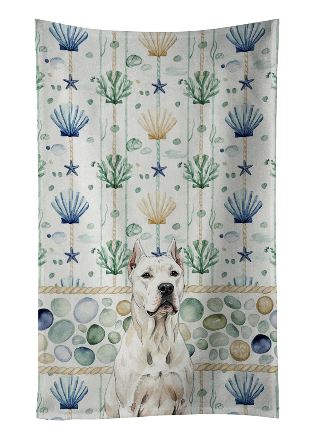 Dogo Argentino Coastal Sea Glass Kitchen Towel Velour Plush Front and Cotton Loop Back Machine Washable