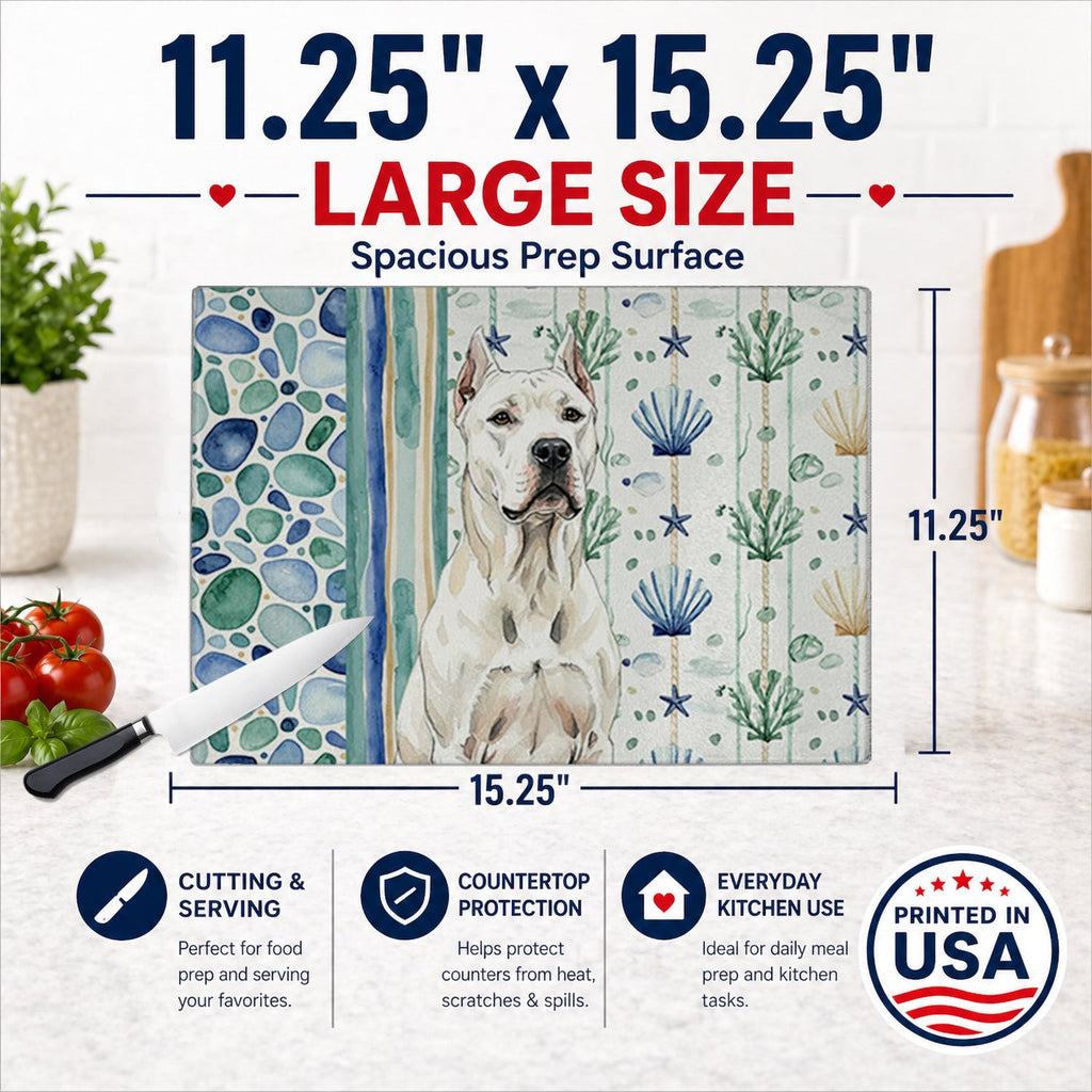 Dogo Argentino Coastal Sea Glass Cutting Board Tempered Glass Kitchen Cutting Surface, Heat Resistant Chopping, Non-Slip Feet, Food Prep & Serving