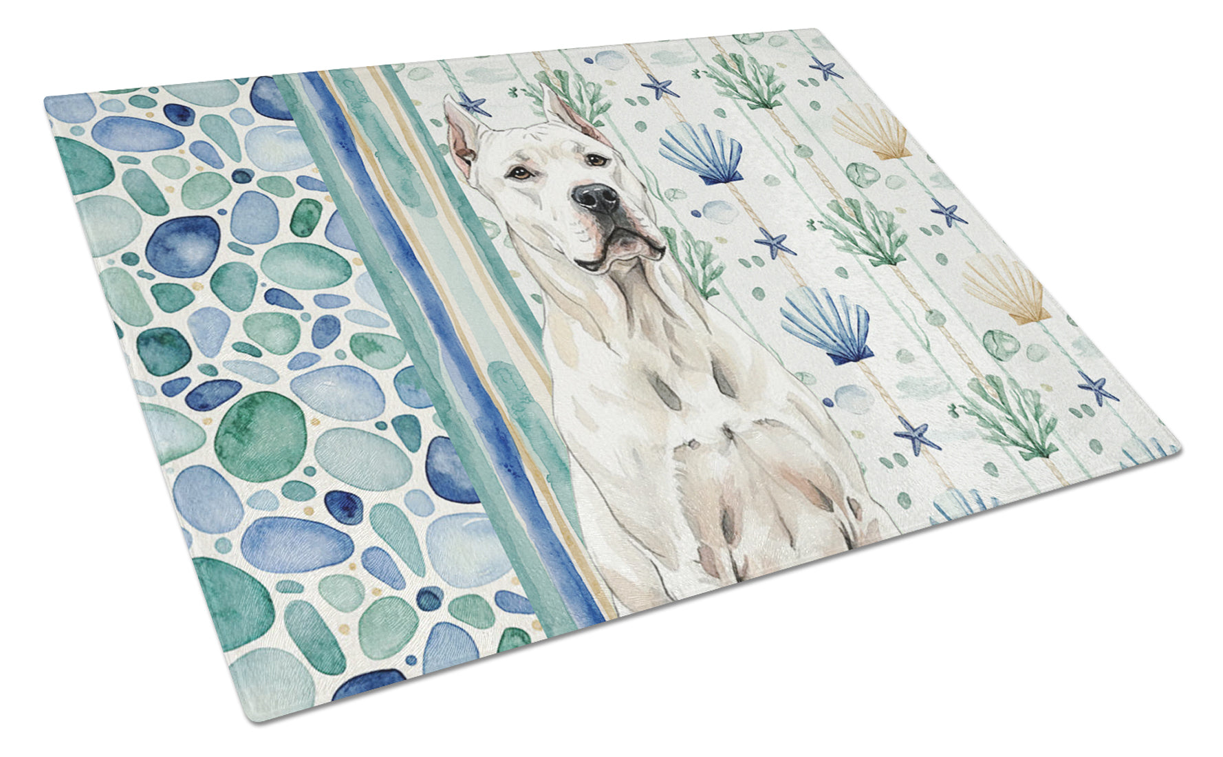 Dogo Argentino Coastal Sea Glass Cutting Board Tempered Glass Kitchen Cutting Surface, Heat Resistant Chopping, Non-Slip Feet, Food Prep & Serving