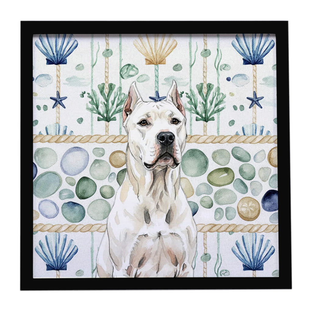 Dogo Argentino Coastal Sea Glass Framed Metal Print Bathroom, Kitchen, Office, Home Decor Wall Art Ready to Hang, Square, 8X8