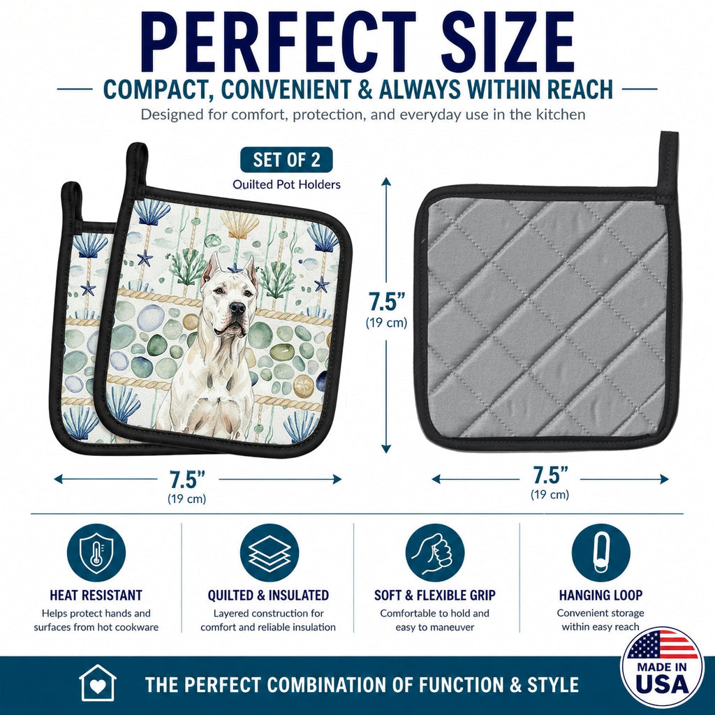 Dogo Argentino Coastal Sea Glass Pot Holder Set of 2 Heat Resistant Quilted Hot Pads 7.5 x 7.5 Inch, Insulated Kitchen Trivets for Cooking & Baking