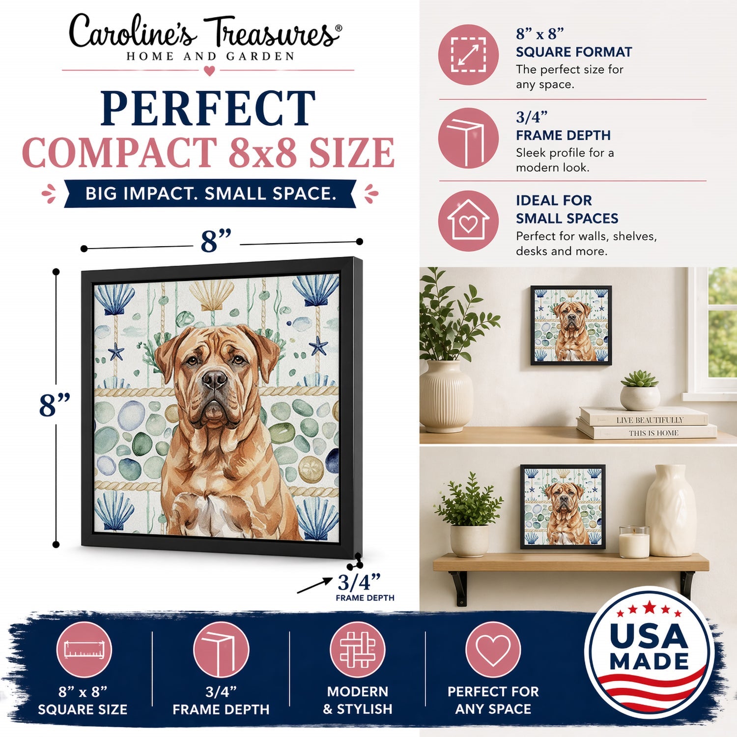 Dogue de Bordeaux Coastal Sea Glass Framed Metal Print Bathroom, Kitchen, Office, Home Decor Wall Art Ready to Hang, Square, 8X8
