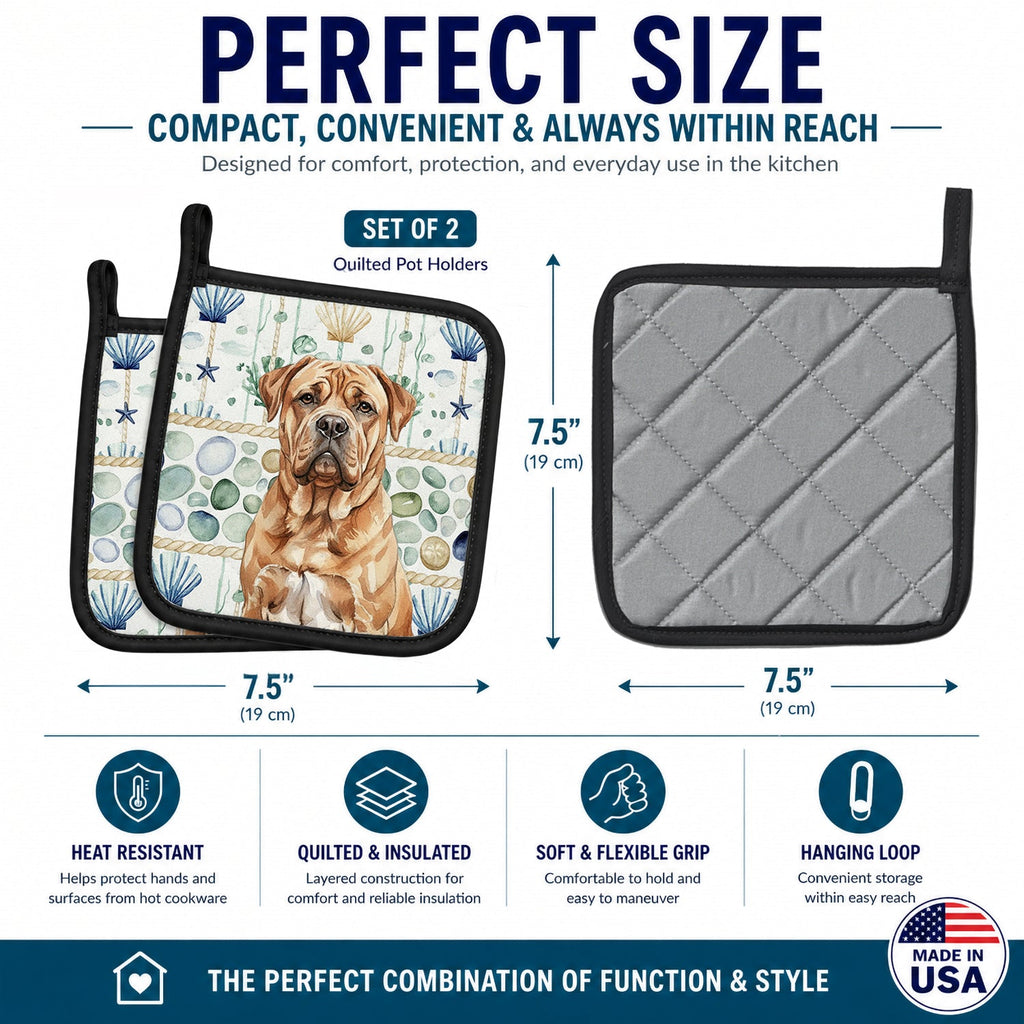 Dogue de Bordeaux Coastal Sea Glass Pot Holder Set of 2 Heat Resistant Quilted Hot Pads 7.5 x 7.5 Inch, Insulated Kitchen Trivets for Cooking & Baking