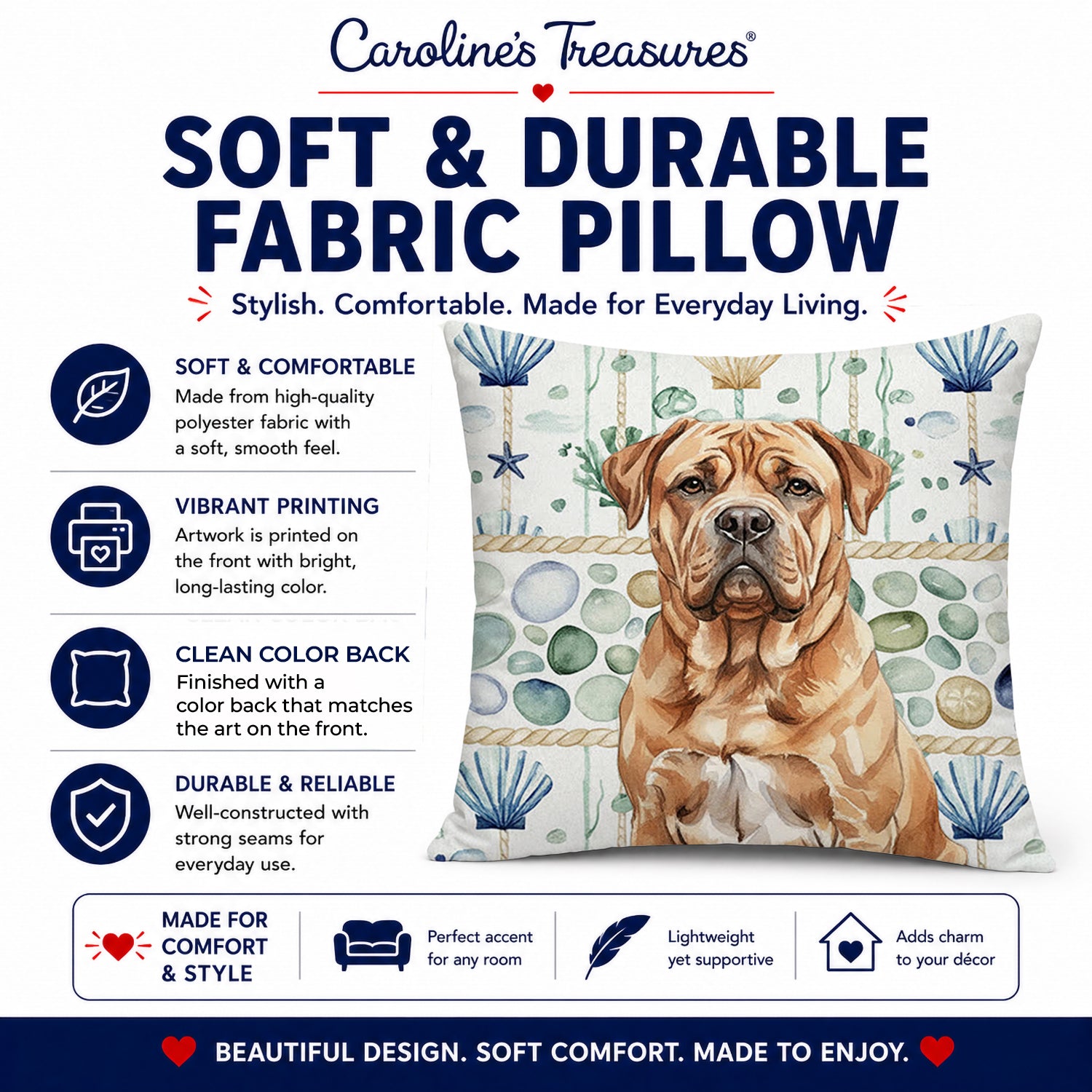 Dogue de Bordeaux Coastal Sea Glass Decorative Throw Pillow 18x18 Indoor Outdoor Accent Cushion, Fabric Cover with Insert for Sofa, Bed, Porch & Living Room