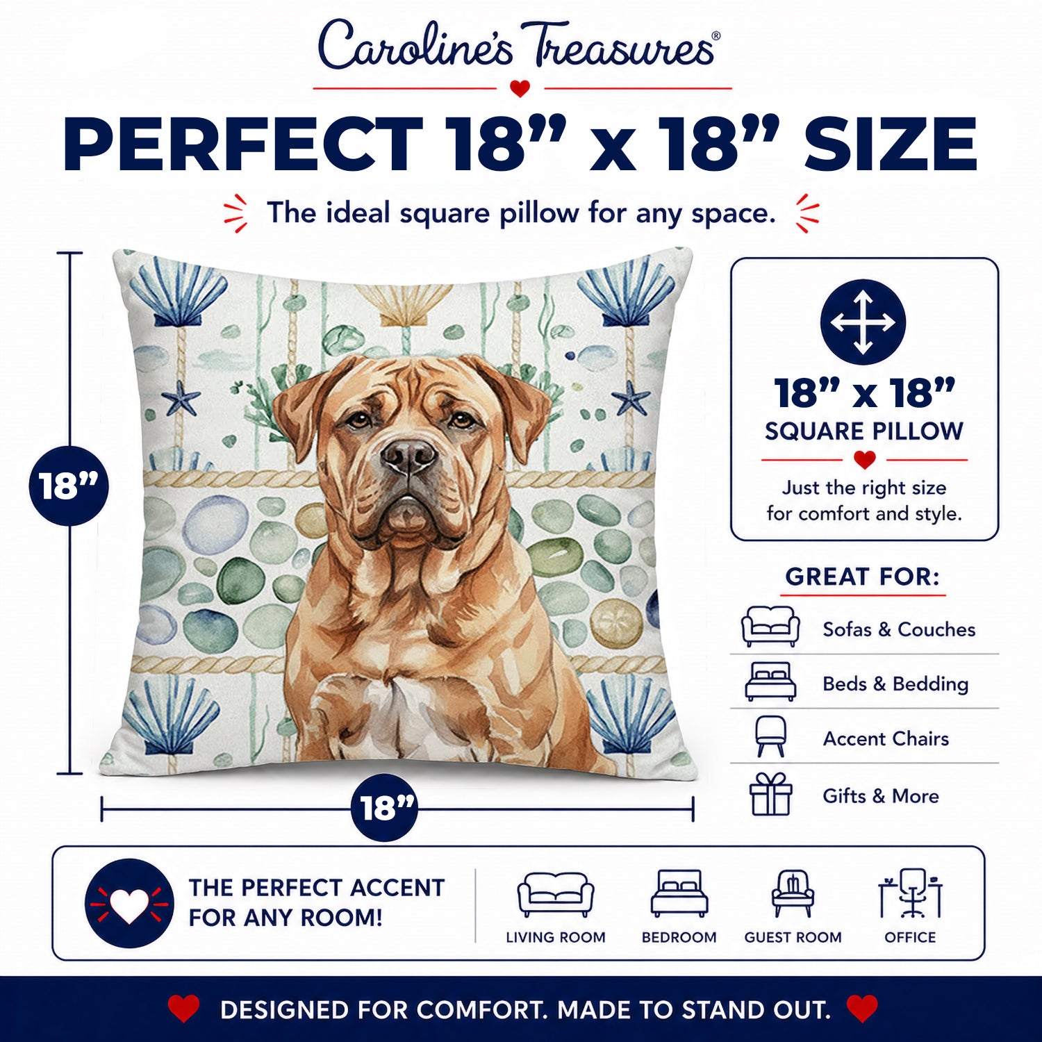 Dogue de Bordeaux Coastal Sea Glass Decorative Throw Pillow 18x18 Indoor Outdoor Accent Cushion, Fabric Cover with Insert for Sofa, Bed, Porch & Living Room