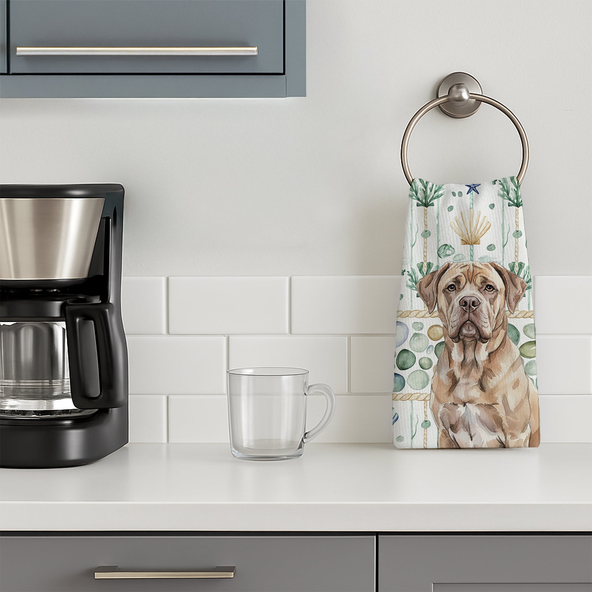 Isabella Dogue de Bordeaux Coastal Sea Glass Kitchen Towel Velour Plush Front and Cotton Loop Back Machine Washable