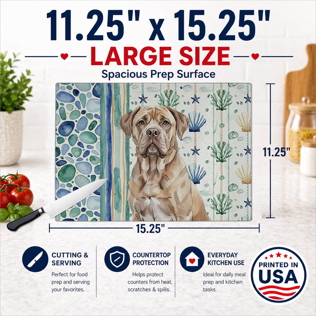 Isabella Dogue de Bordeaux Coastal Sea Glass Cutting Board Tempered Glass Kitchen Cutting Surface, Heat Resistant Chopping, Non-Slip Feet, Food Prep & Serving