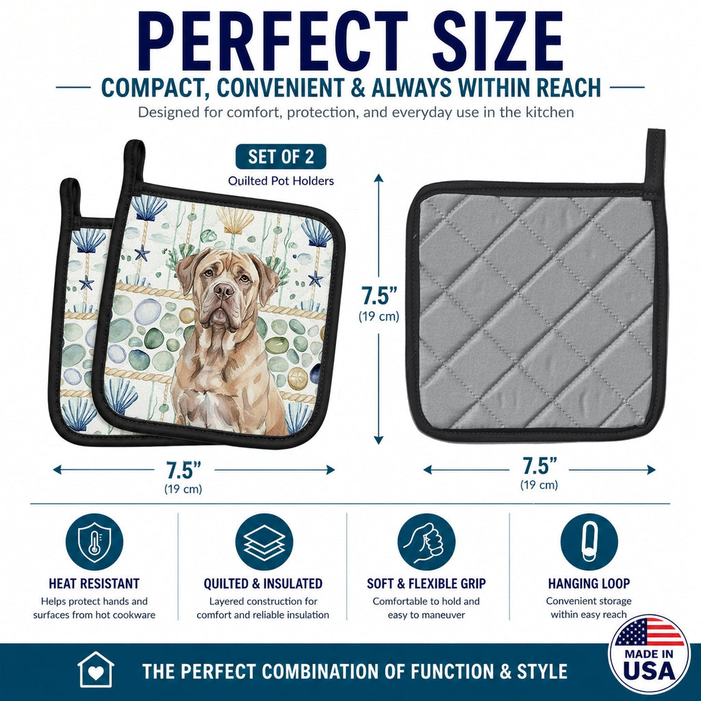 Isabella Dogue de Bordeaux Coastal Sea Glass Pot Holder Set of 2 Heat Resistant Quilted Hot Pads 7.5 x 7.5 Inch, Insulated Kitchen Trivets for Cooking & Baking