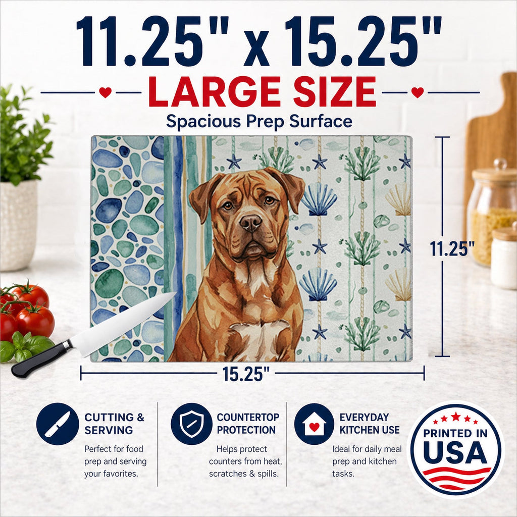 Mahogany Dogue de Bordeaux Coastal Sea Glass Cutting Board Tempered Glass Kitchen Cutting Surface, Heat Resistant Chopping, Non-Slip Feet, Food Prep & Serving