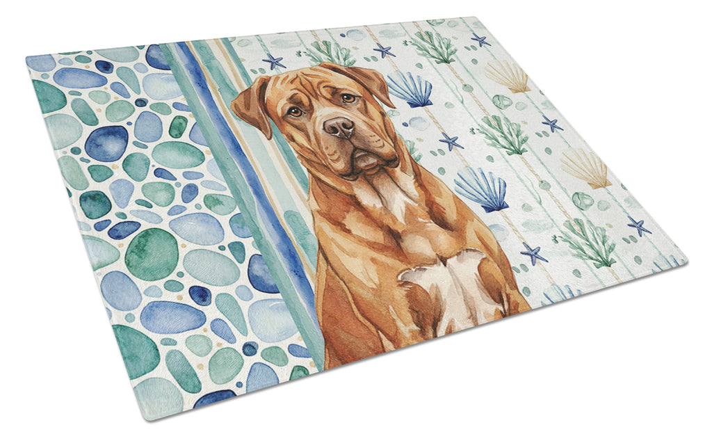 Mahogany Dogue de Bordeaux Coastal Sea Glass Cutting Board Tempered Glass Kitchen Cutting Surface, Heat Resistant Chopping, Non-Slip Feet, Food Prep & Serving